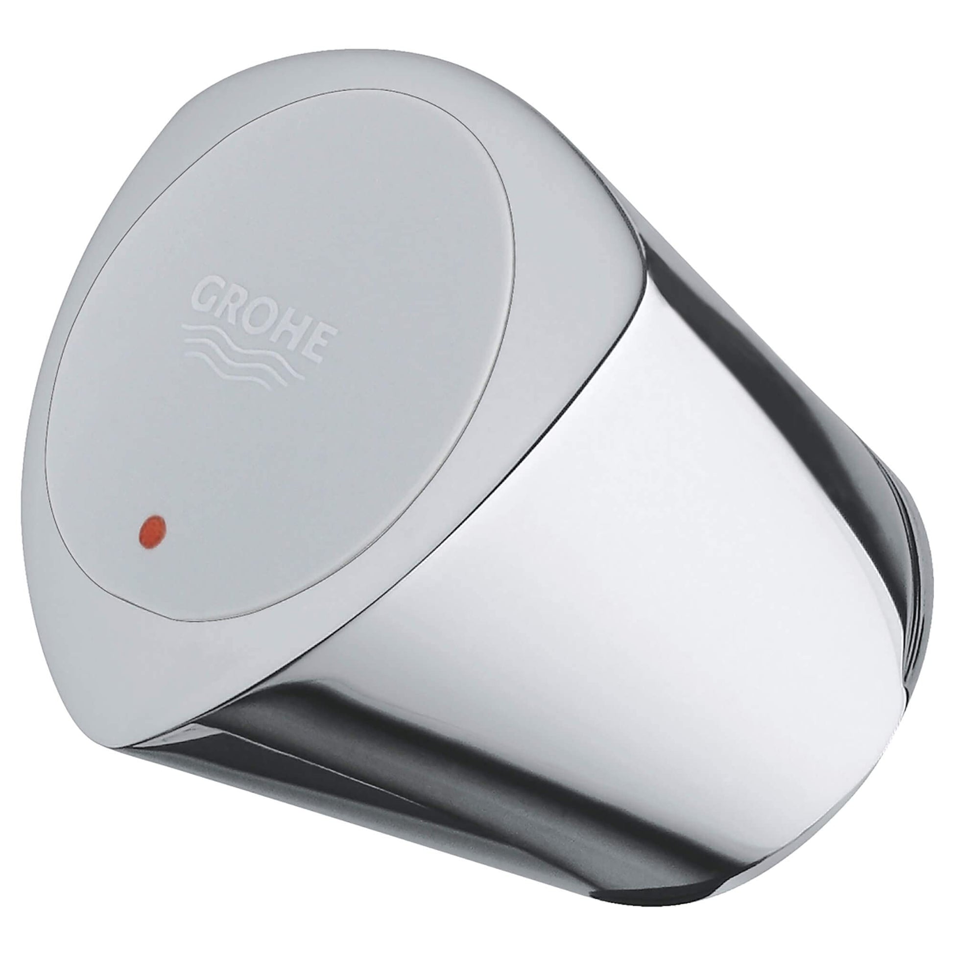 Chrome faucet handle with circular top plate featuring Grohe logo and red indicator dot.