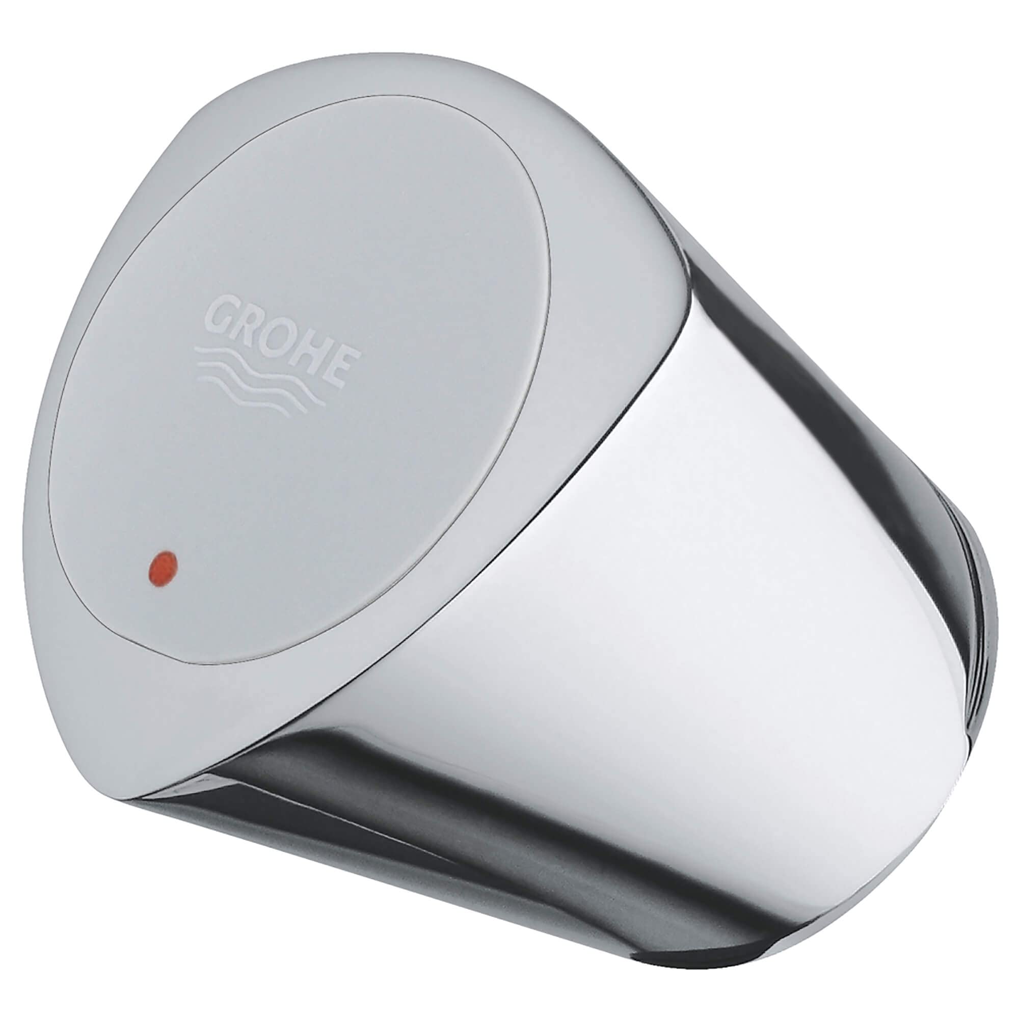 Chrome faucet handle with circular top plate featuring Grohe logo and red indicator dot.