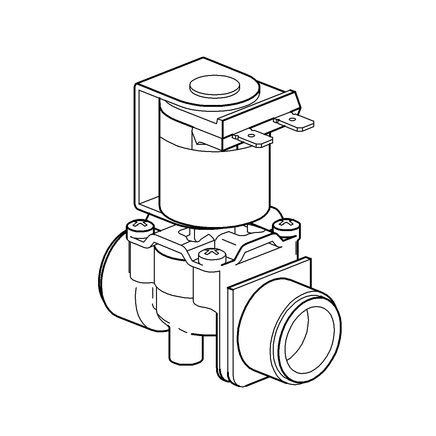 Chrome solenoid valve with cylindrical body, electrical coil on top, and threaded outlet connection.