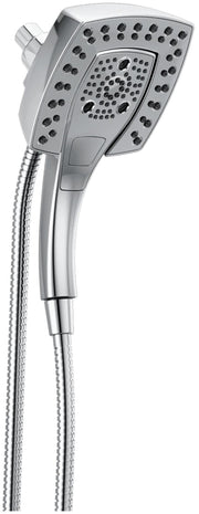 Chrome two-in-one shower head with multiple jets and connected hose.