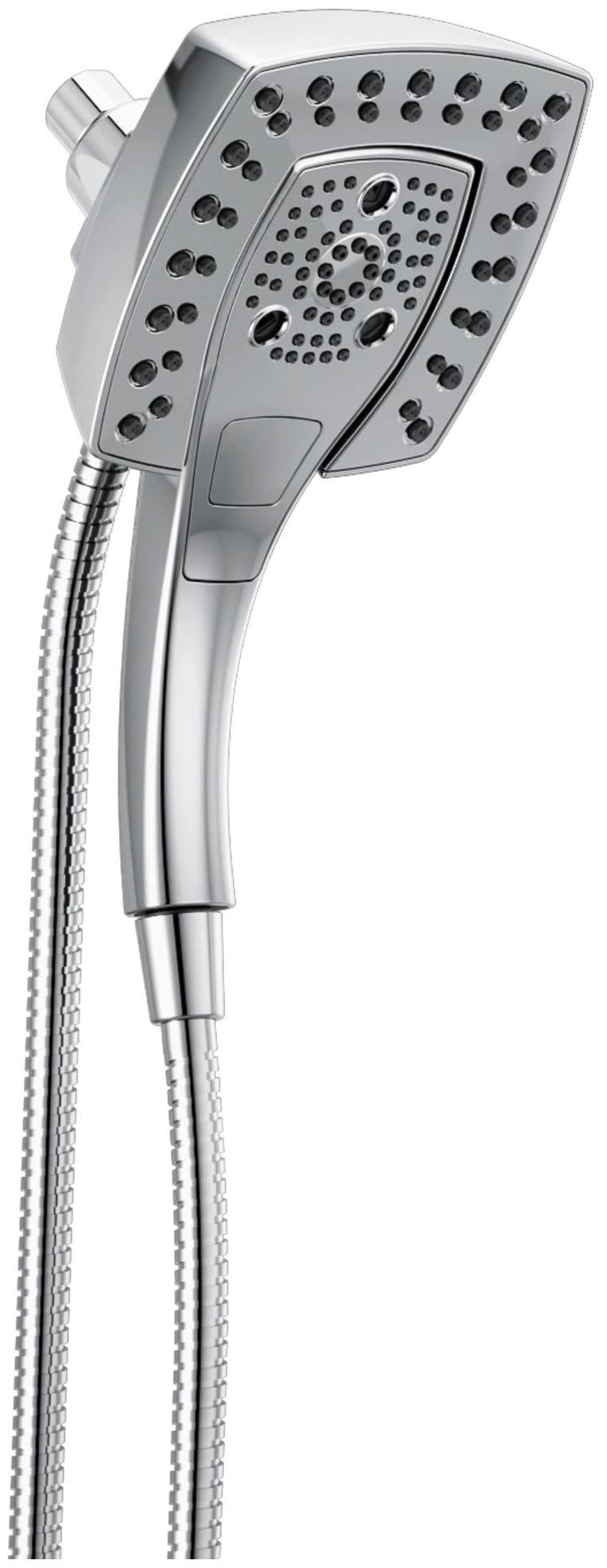 Chrome two-in-one shower head with multiple jets and connected hose.