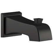 Matte black tub spout with curved body and wall-mounted square backplate, featuring small outlet on end.