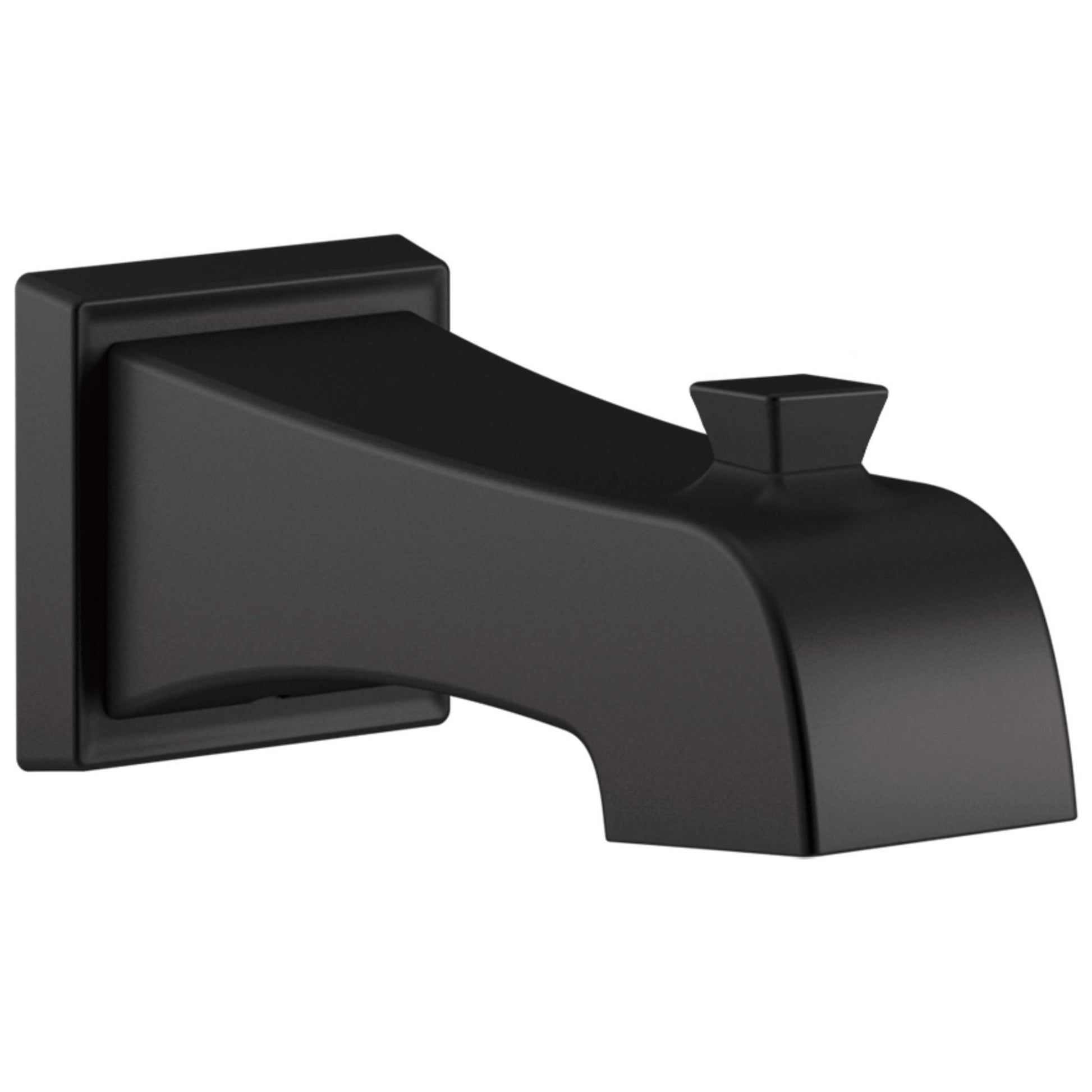 Matte black tub spout with curved body and wall-mounted square backplate, featuring small outlet on end.