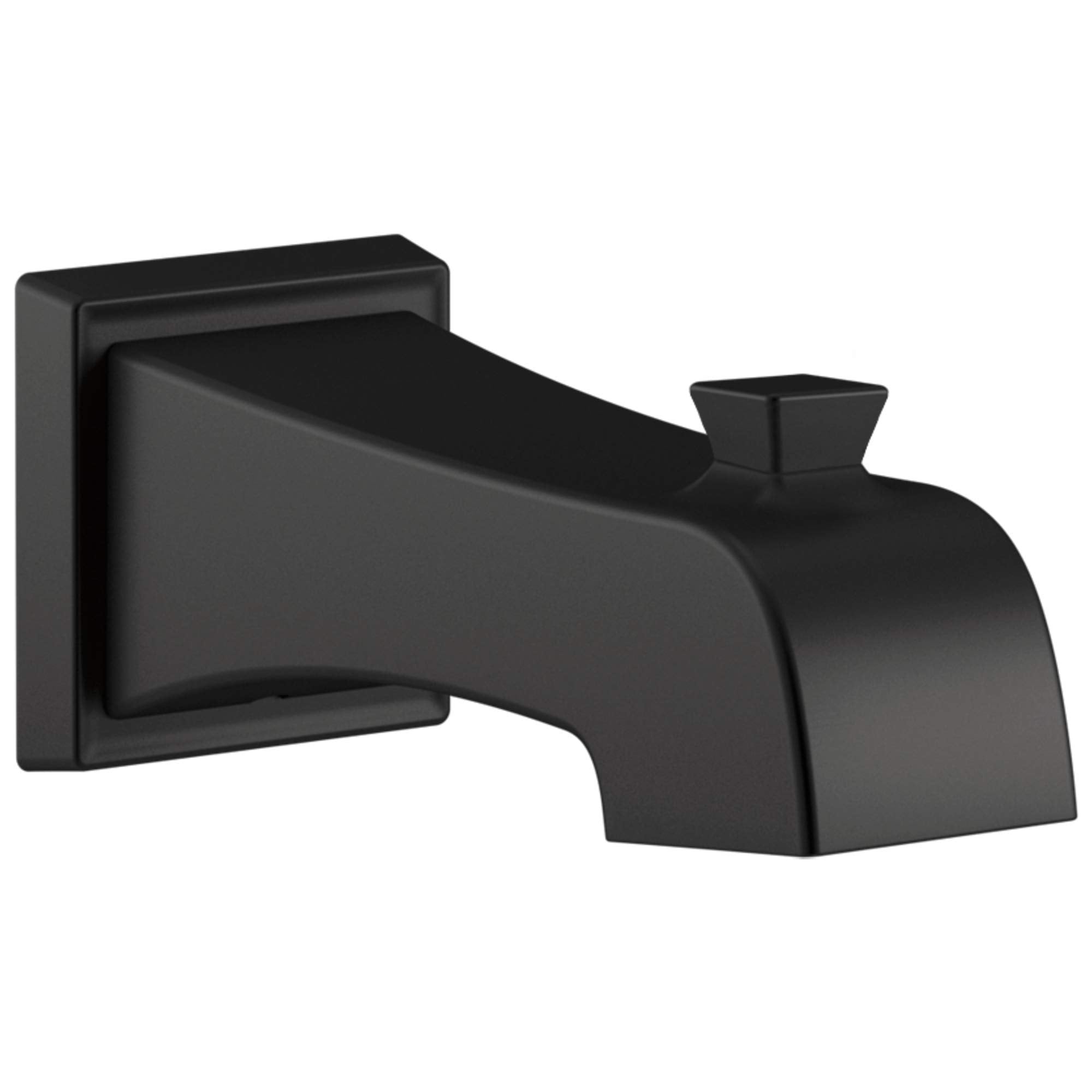Matte black tub spout with curved body and wall-mounted square backplate, featuring small outlet on end.