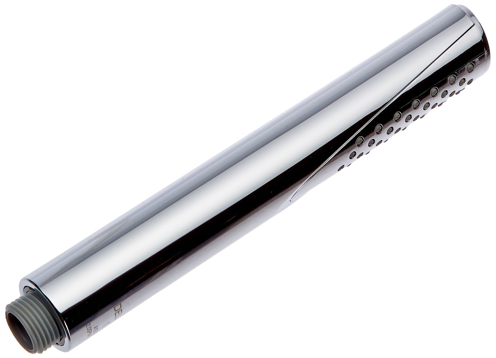 Chrome hand shower with cylindrical body and perforated spray head on threaded connector.
