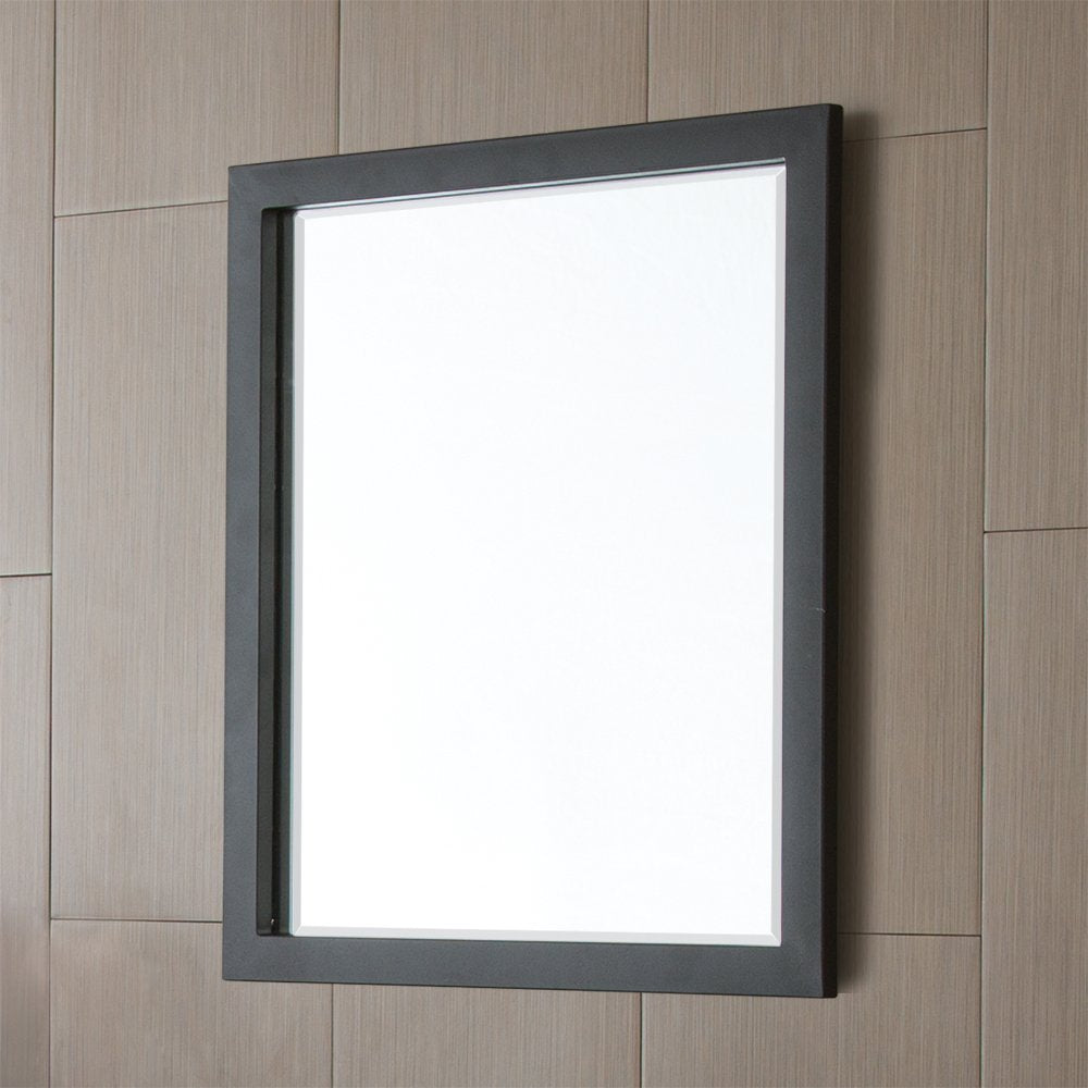 Rectangular mirror with dark gray frame mounted on wood tile wall.
