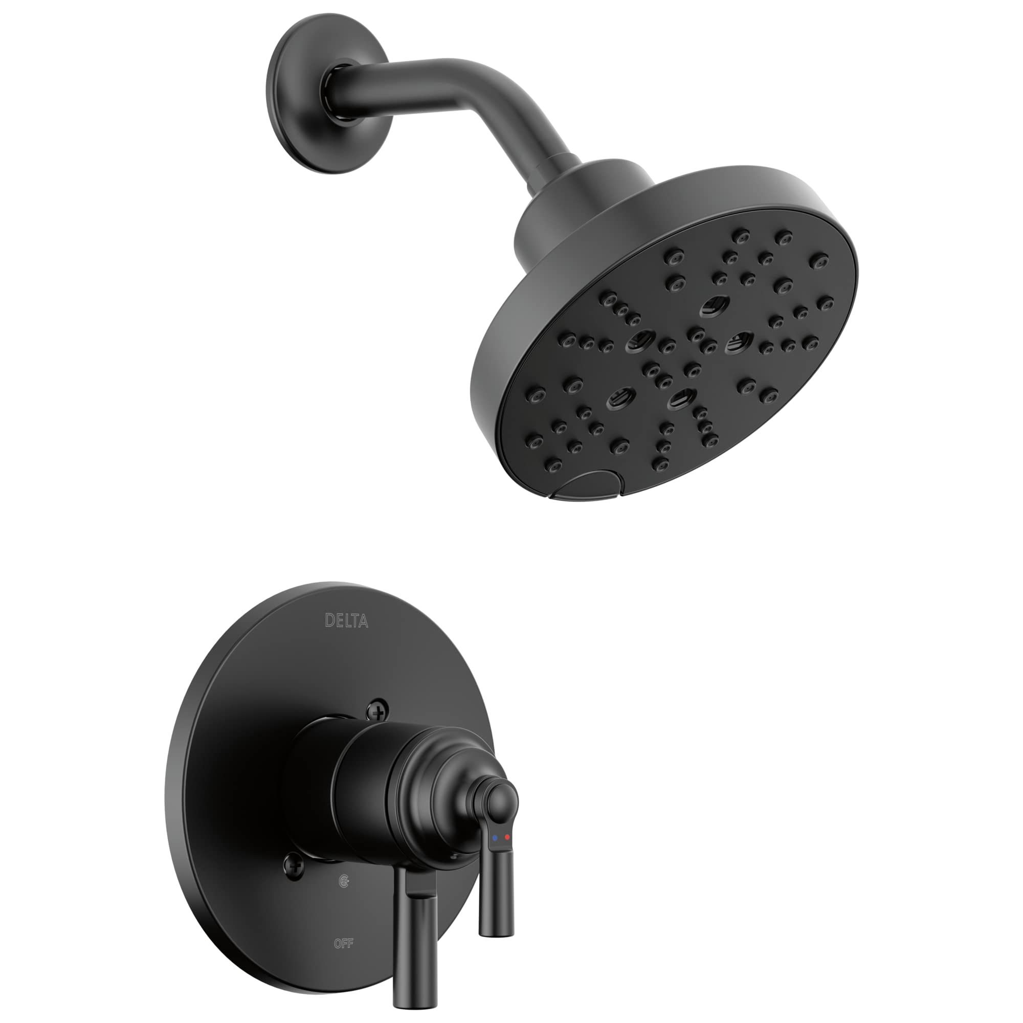 Matte black shower trim with round showerhead and wall-mounted control valve with lever handle.