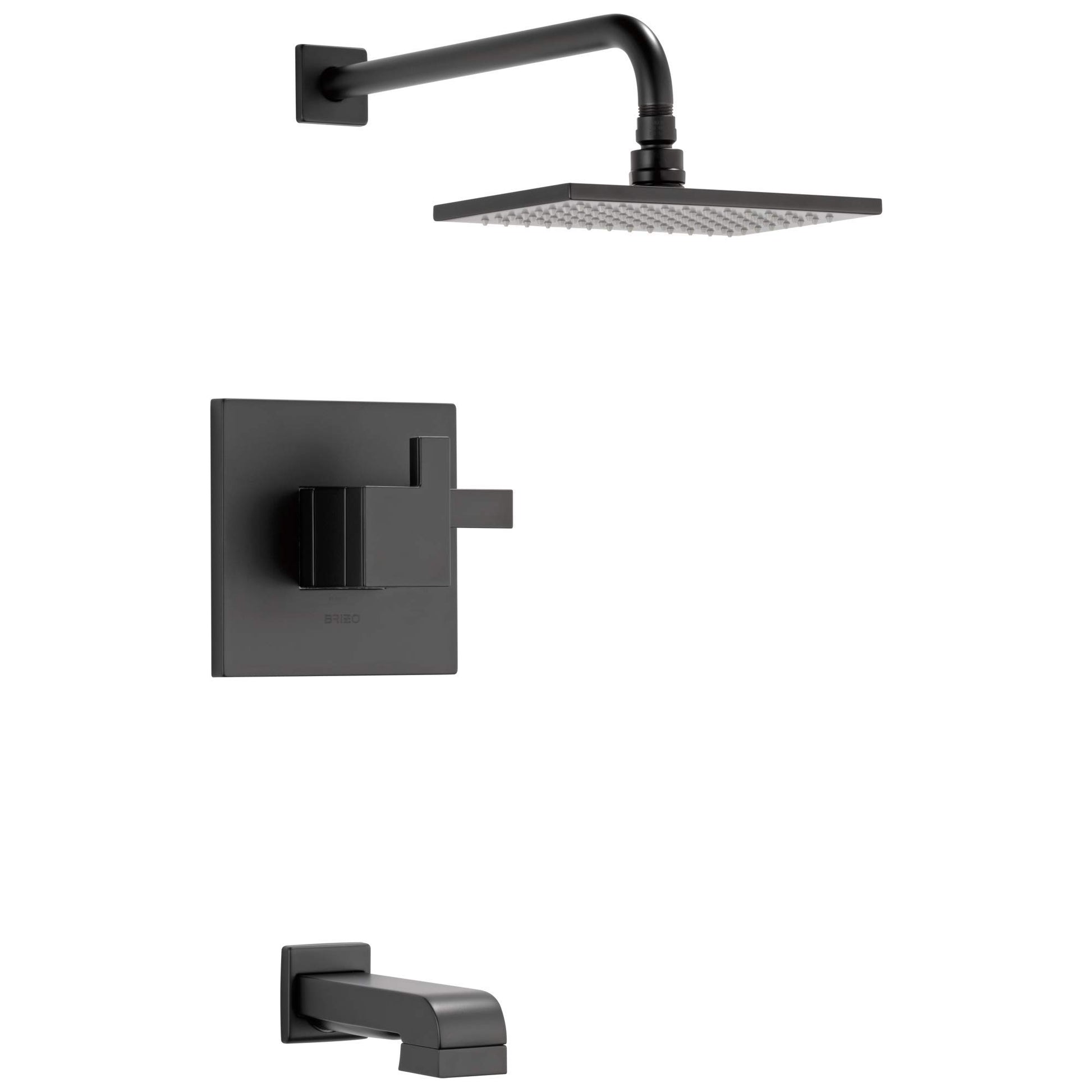 Black thermostatic tub and shower trim with square wall plate, lever handle, overhead showerhead, and tub spout.