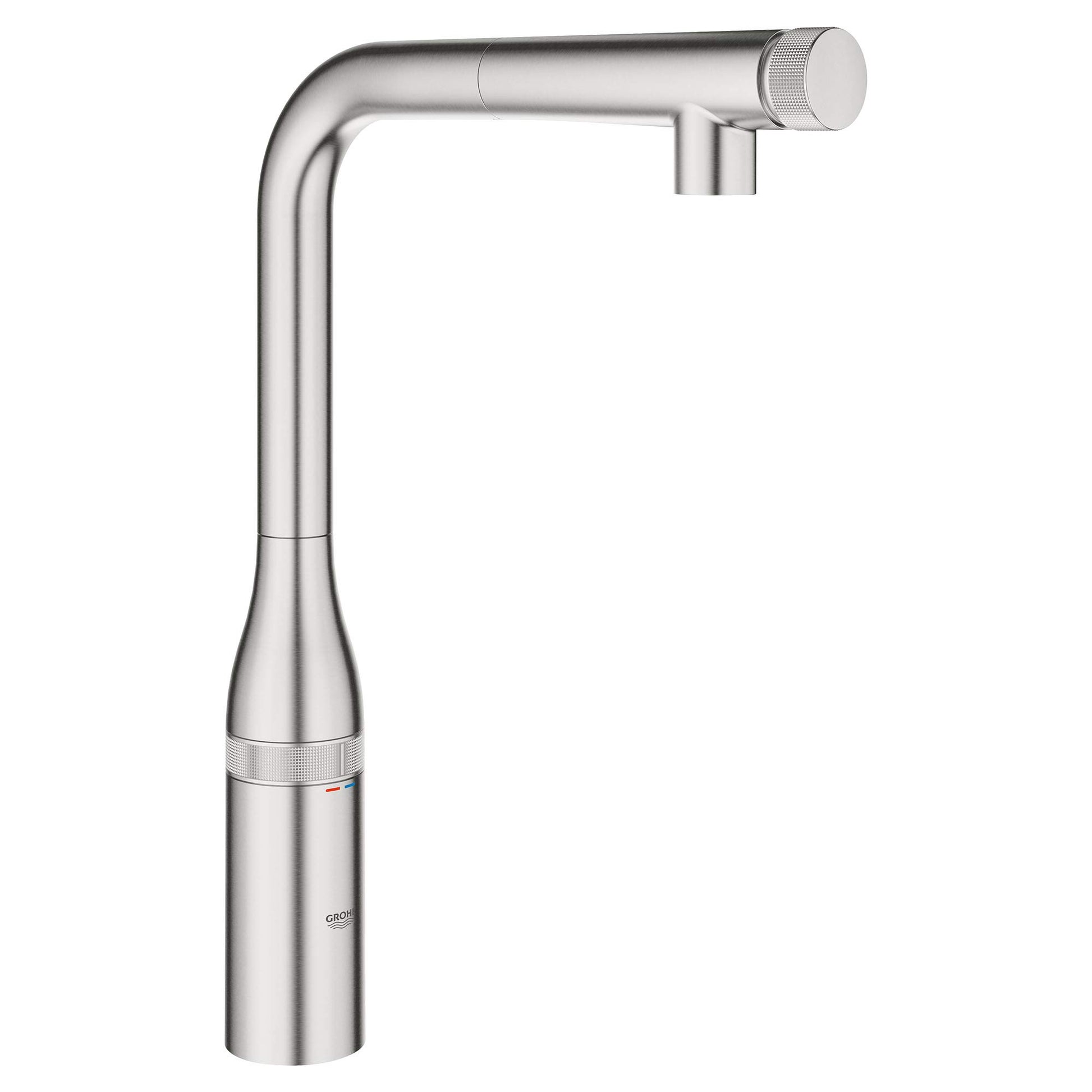 Brushed stainless steel kitchen faucet with pull-out spray head and textured grip controls.