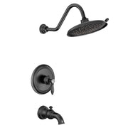 Matte black tub and shower trim kit with curved showerhead, valve trim plate, and tub spout.