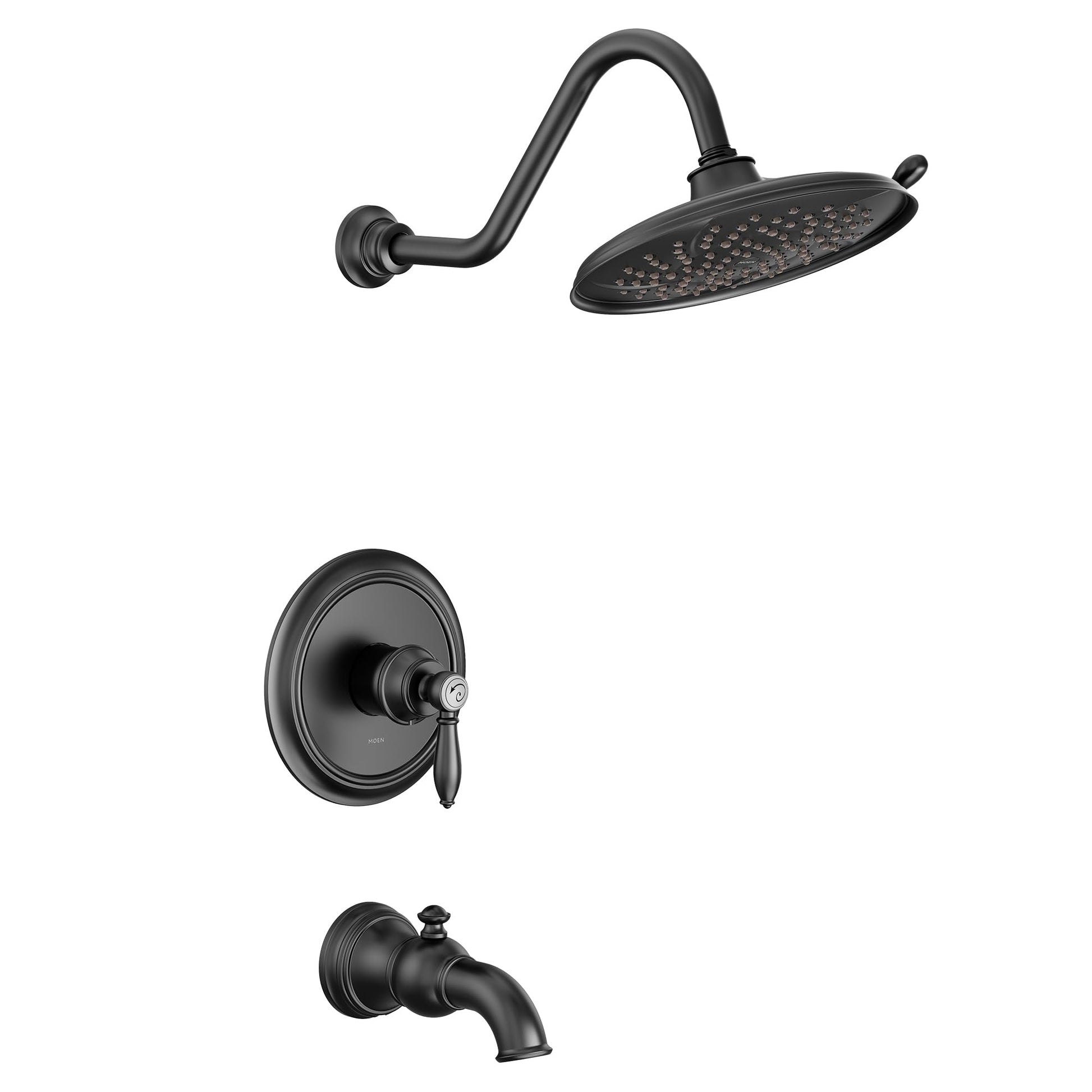 Matte black tub and shower trim kit with curved showerhead, valve trim plate, and tub spout.