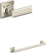 Polished nickel towel bar with square mounting plate and decorative finial accents.