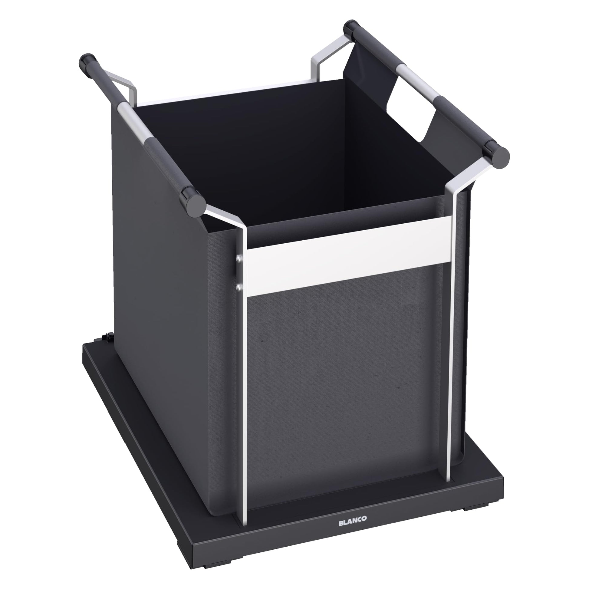 Black and white fabric storage bag with aluminum frame, dual handles, and black base platform.