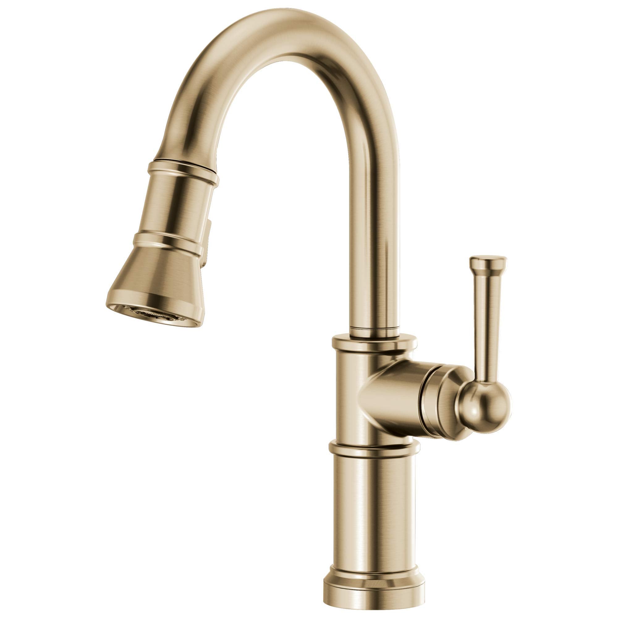 Champagne bronze pull-down kitchen faucet with high curved spout, side handle, and grooved detailing.