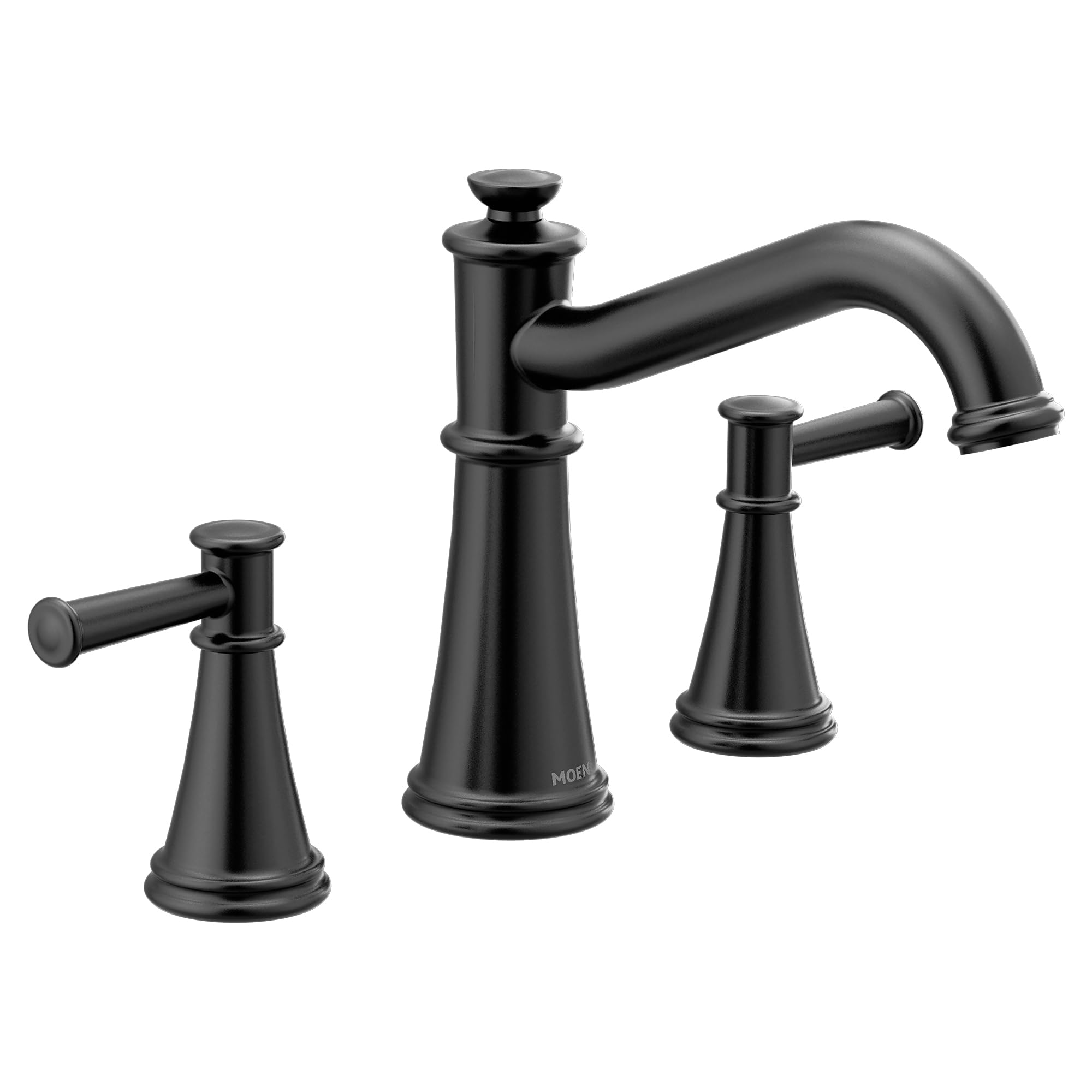 Moen Belfield matte black two-handle roman tub faucet with curved spout and lever handles.