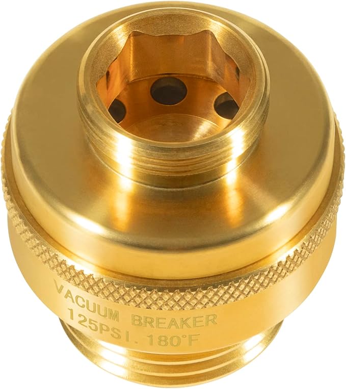 Brass vacuum breaker with threaded connection, textured grip band, and internal chamber with air valve openings.