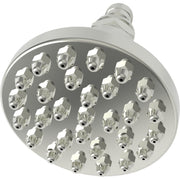 Polished nickel round shower head with multiple spray nozzles and adjustable arm connector.