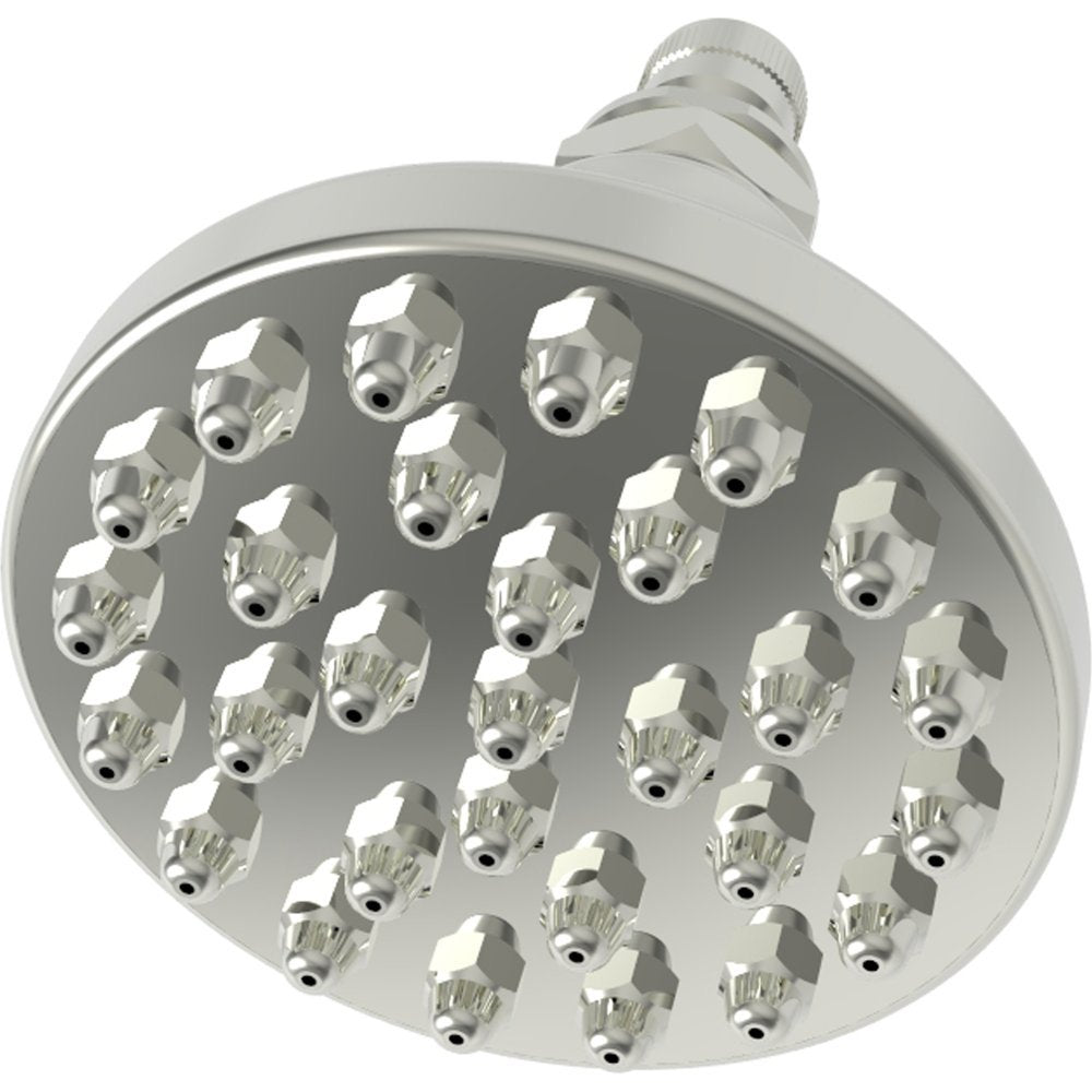 Polished nickel round shower head with multiple spray nozzles and adjustable arm connector.