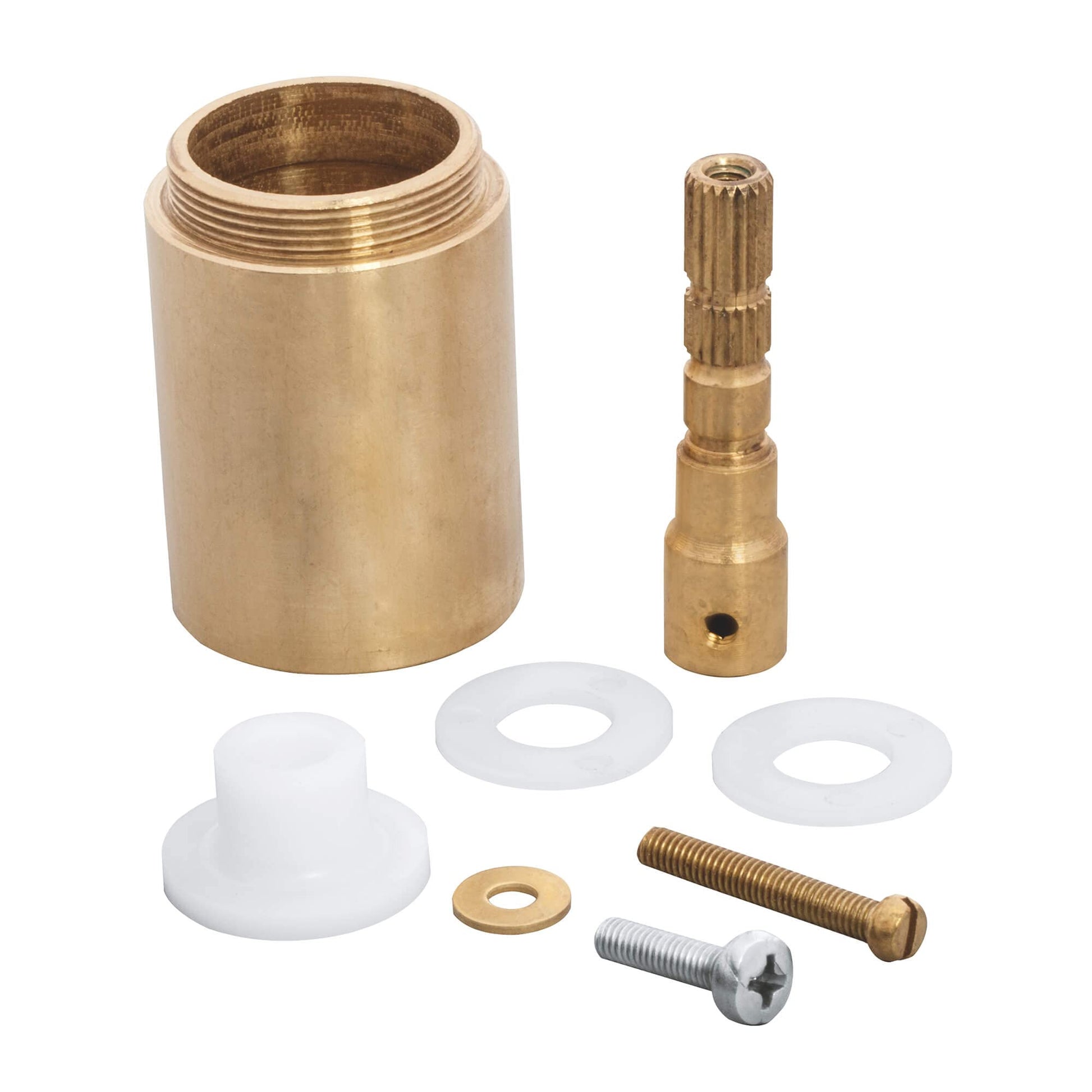 Brass volume control extension kit with cylindrical body, stem, white washers, brass and steel fasteners.