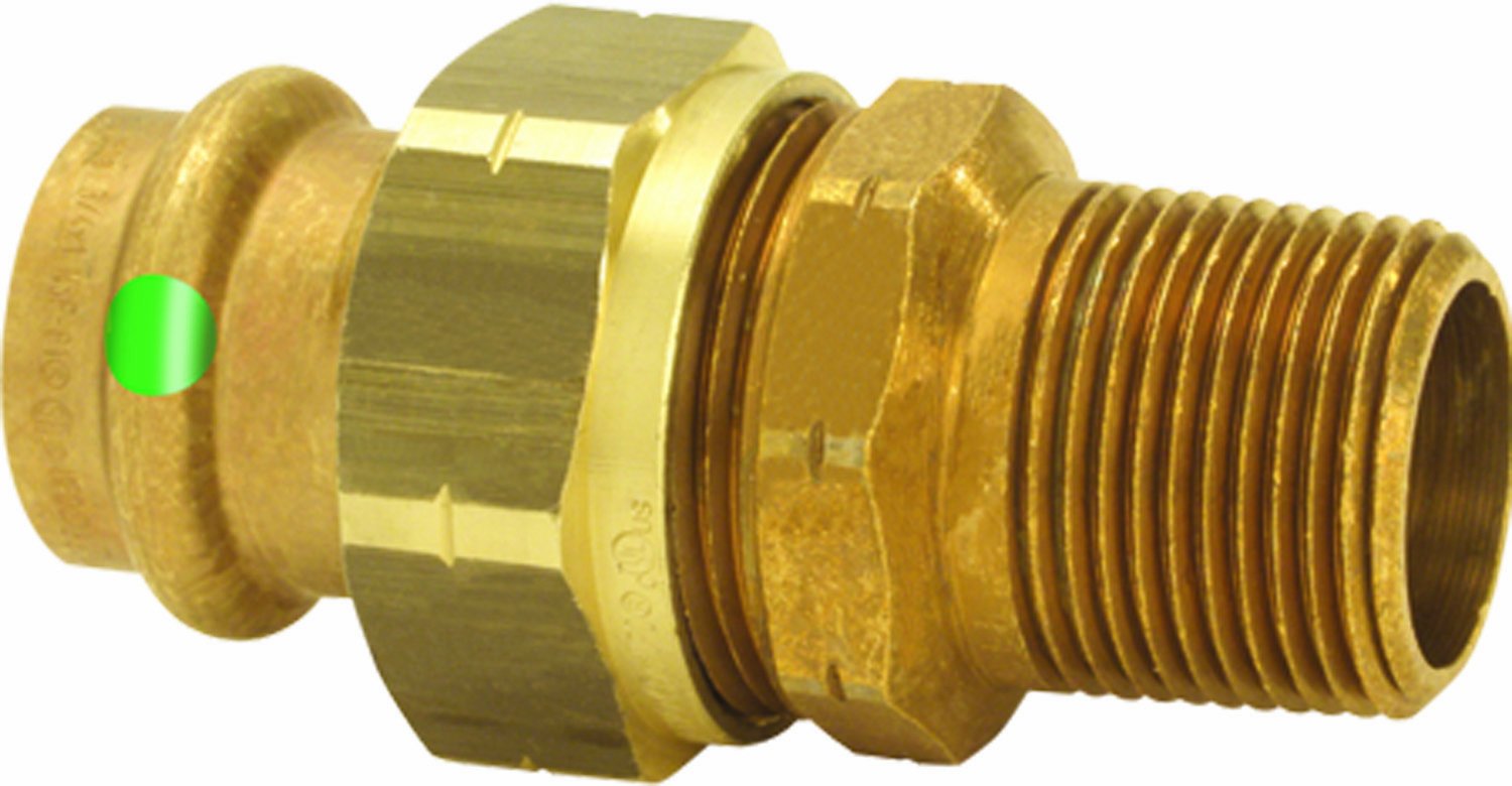 Bronze press fitting with male thread connection and green indicator mark on left end.