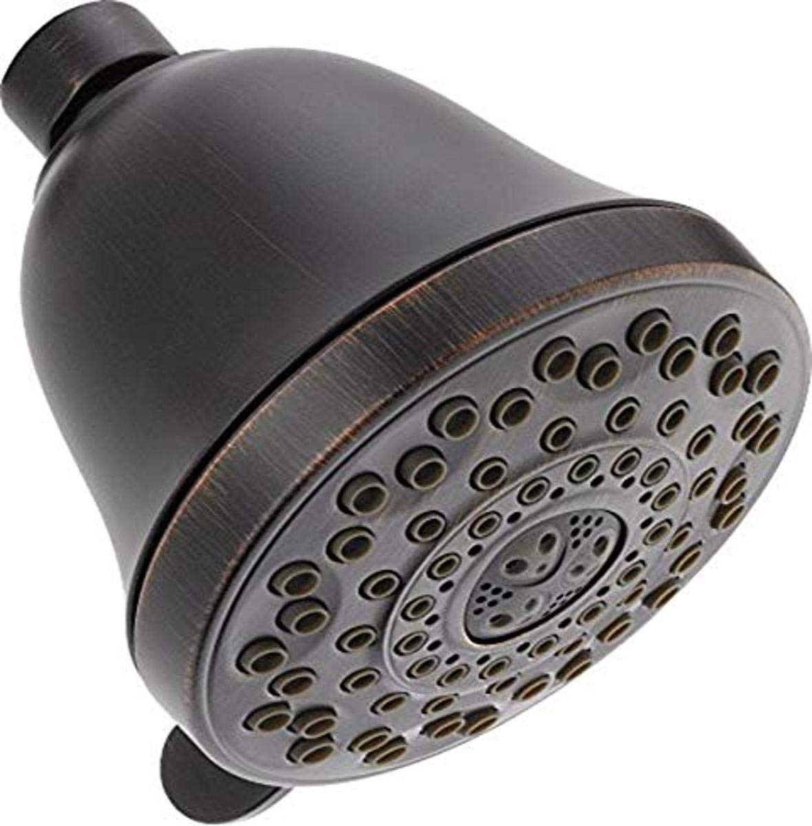 Dark gray round shower head with multiple spray jets and textured bronze trim detail.