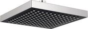Chrome and black square raincan shower head with multiple spray nozzles and overhead mounting connection.