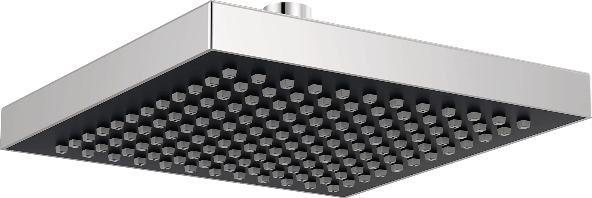 Chrome and black square raincan shower head with multiple spray nozzles and overhead mounting connection.