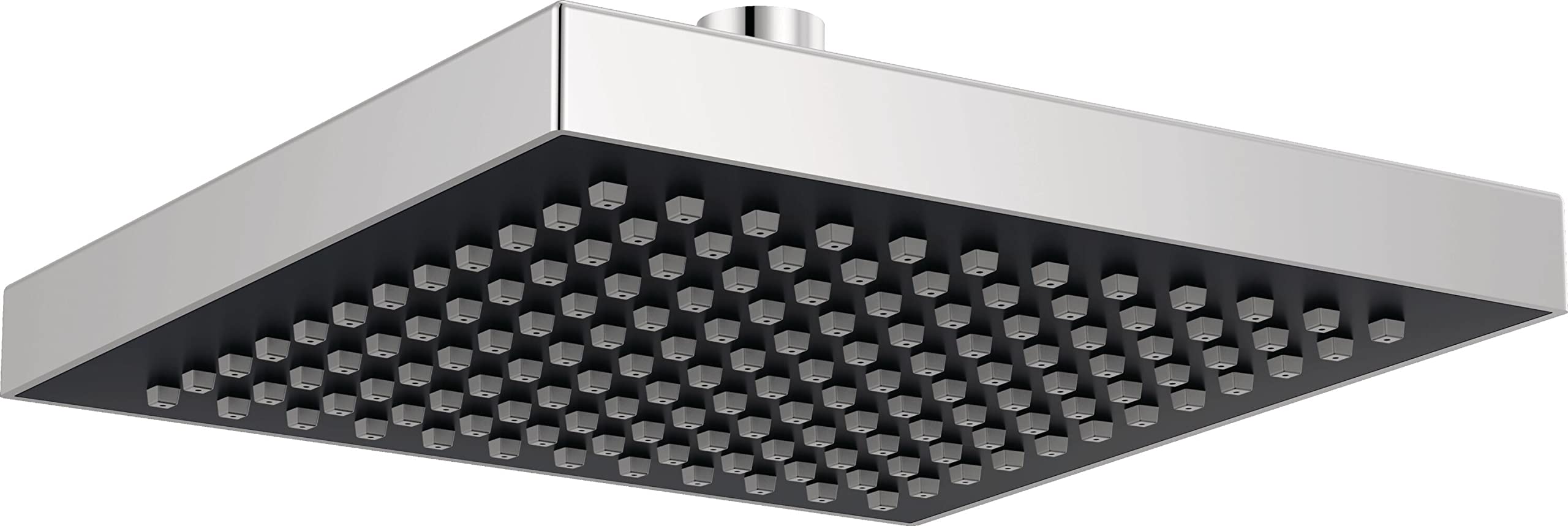 Chrome and black square raincan shower head with multiple spray nozzles and overhead mounting connection.