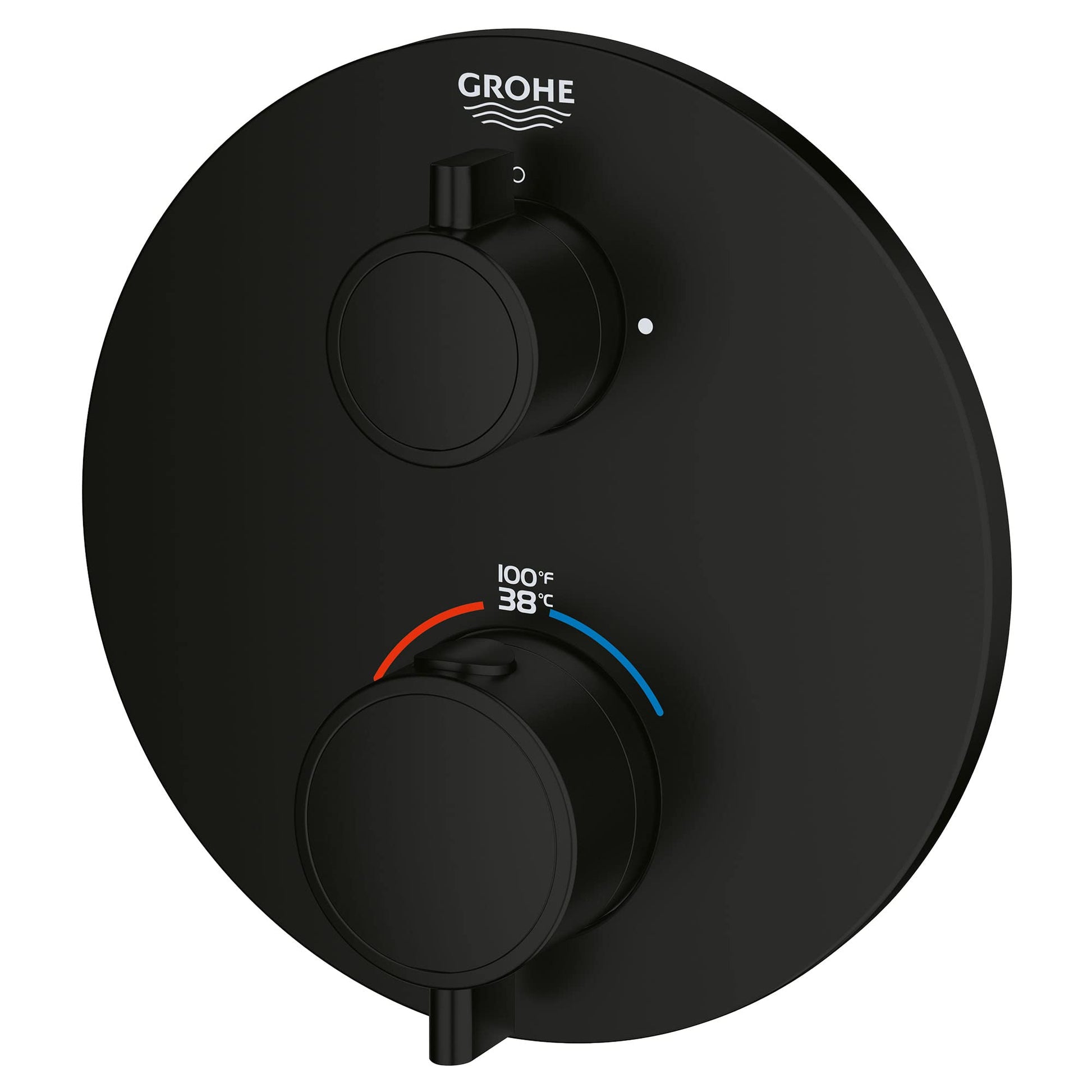 Matte black dual-handle thermostatic valve trim with circular escutcheon, temperature scale, and Grohe branding.