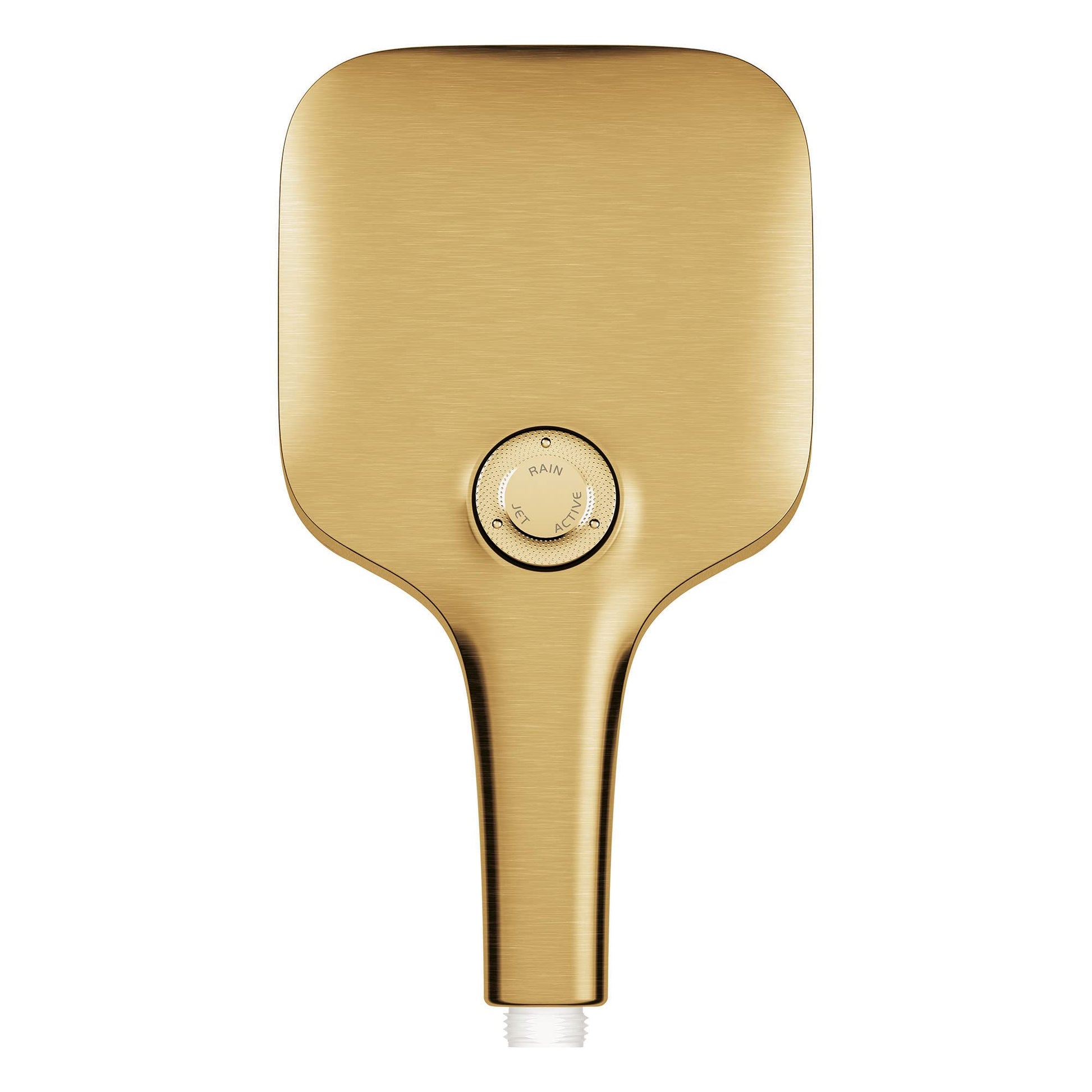 Brushed gold hand shower with square head, circular spray selector dial, and tapered handle.