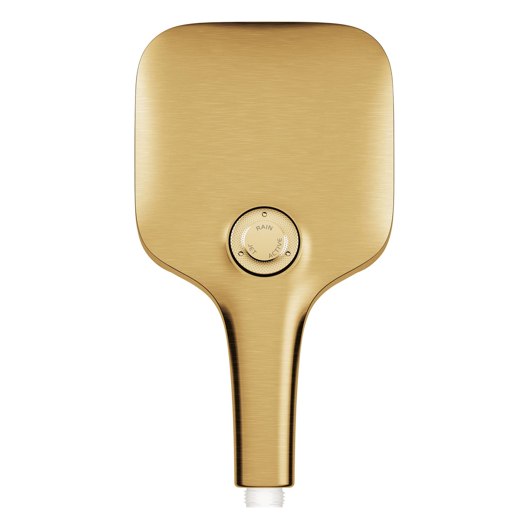 Brushed gold hand shower with square head, circular spray selector dial, and tapered handle.