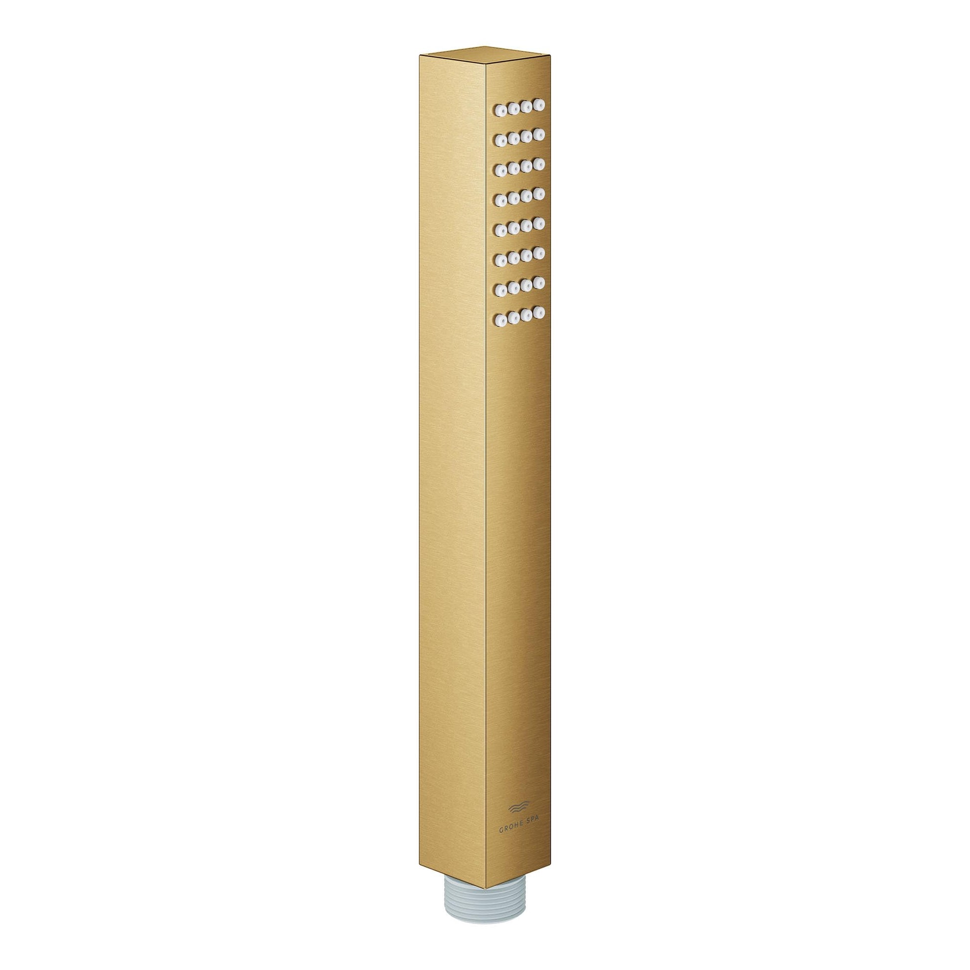 Grohe Euphoria brushed cool sunrise stick hand shower with multiple spray jets along the body and chrome connector at base.