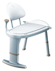 White bath transfer bench with padded seat, backrest, armrest, and non-slip feet for safe bathing assistance.