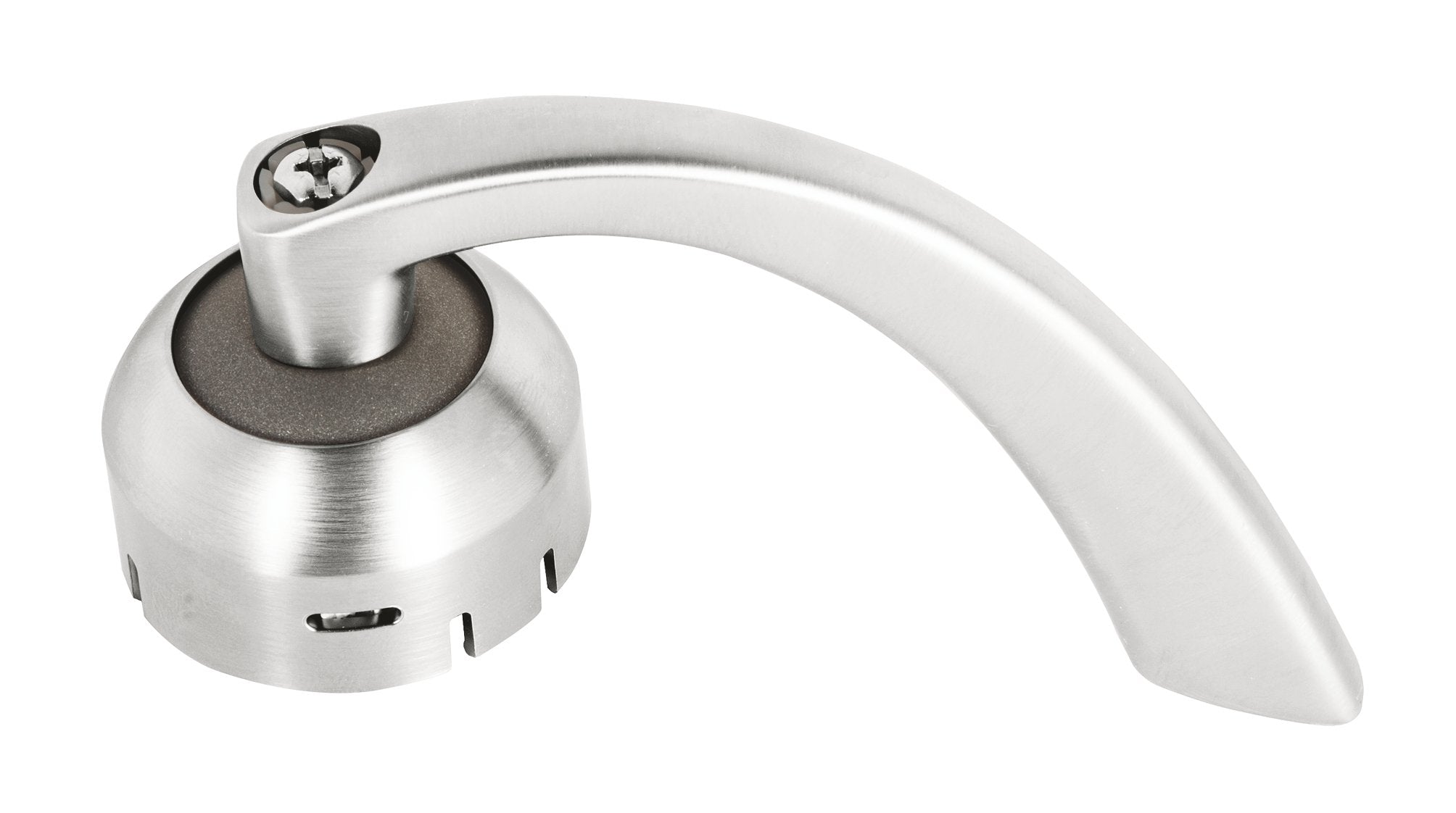 Brushed stainless steel curved faucet lever with round base and Grohe logo on handle.