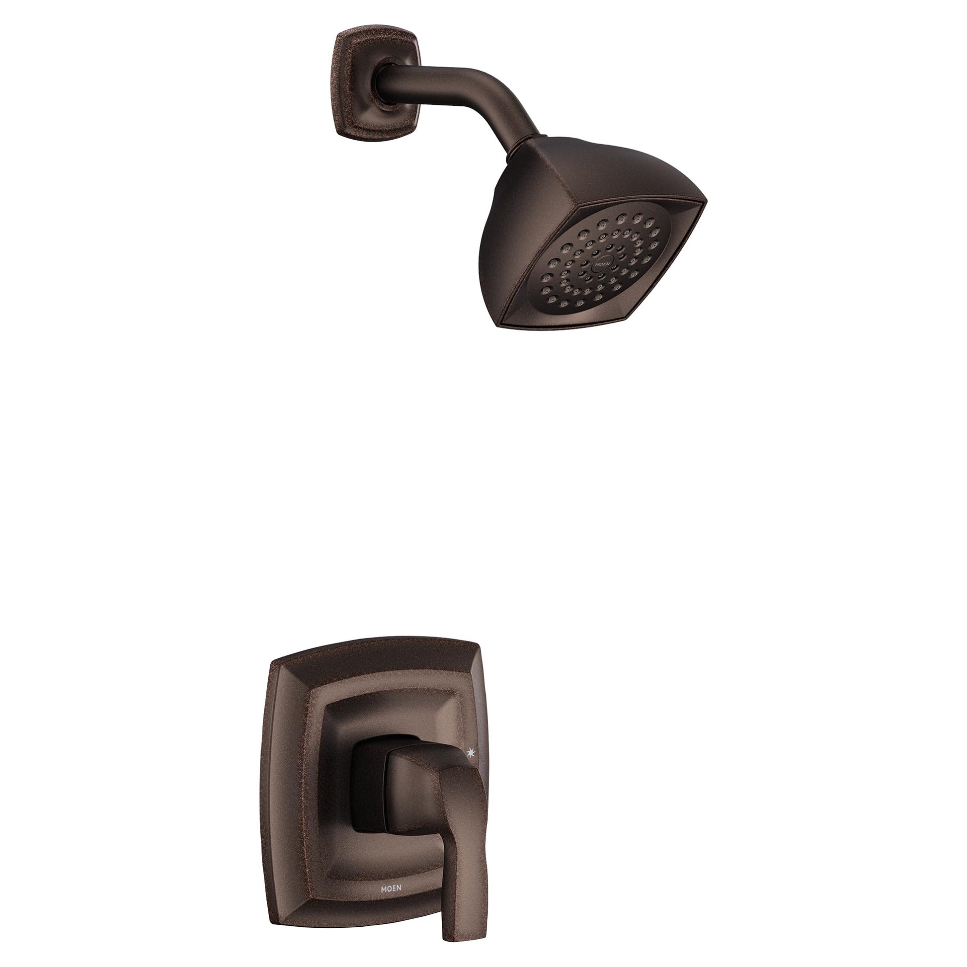 Oil-rubbed bronze shower trim kit with single handle, square showerhead with perforations, and matching wall valve trim.