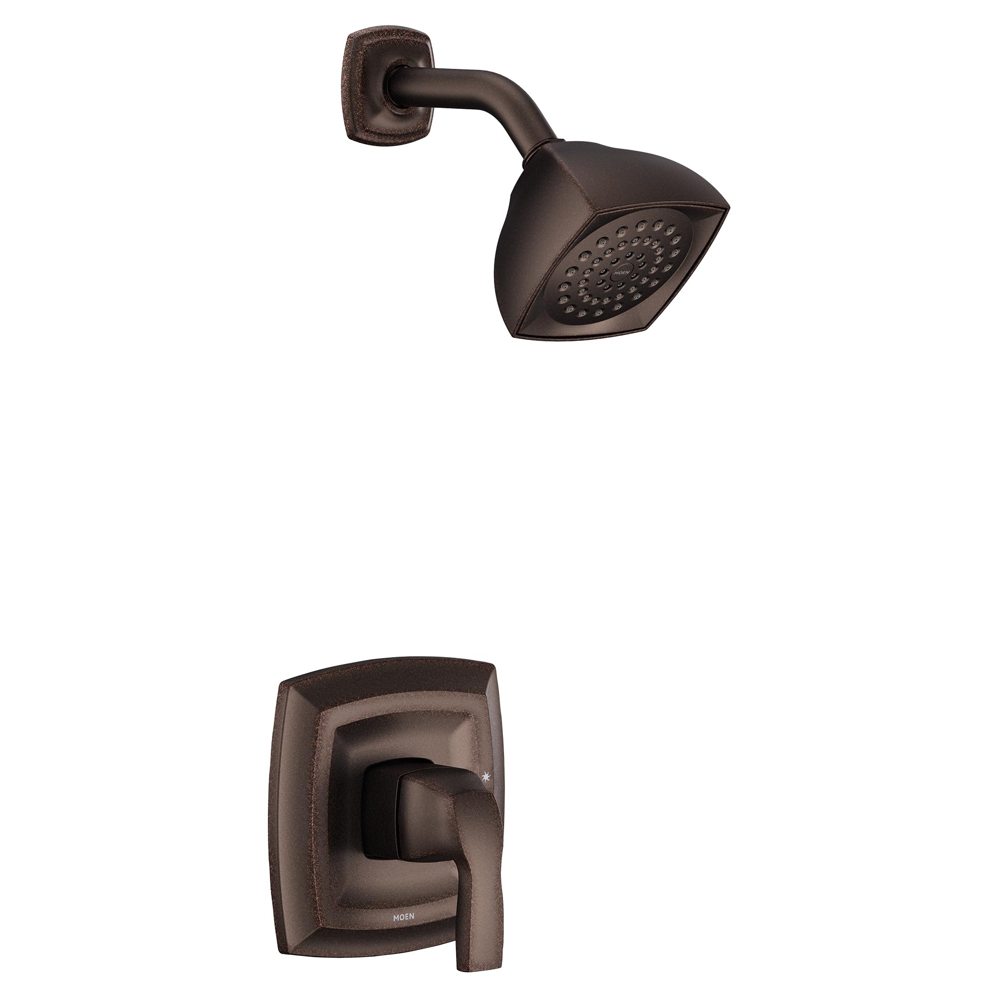 Oil-rubbed bronze shower trim kit with single handle, square showerhead with perforations, and matching wall valve trim.