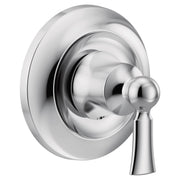 Chrome single-handle transfer valve trim with round escutcheon plate and tapered lever handle.