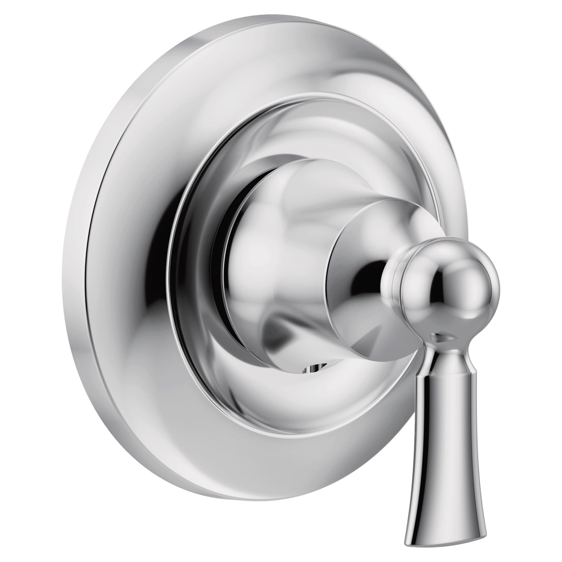 Chrome single-handle transfer valve trim with round escutcheon plate and tapered lever handle.