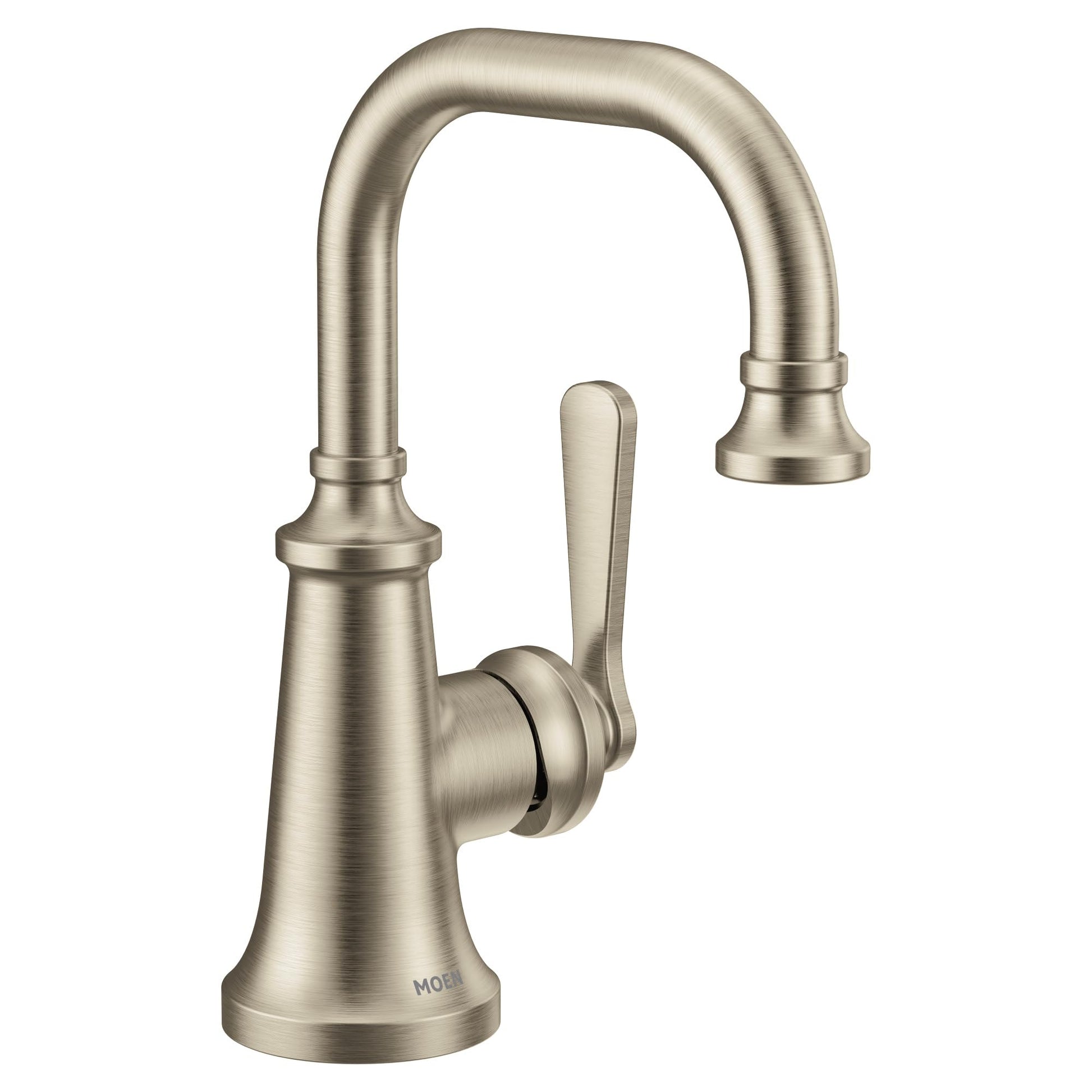 Brushed nickel single-handle bathroom sink faucet with curved spout and traditional design.