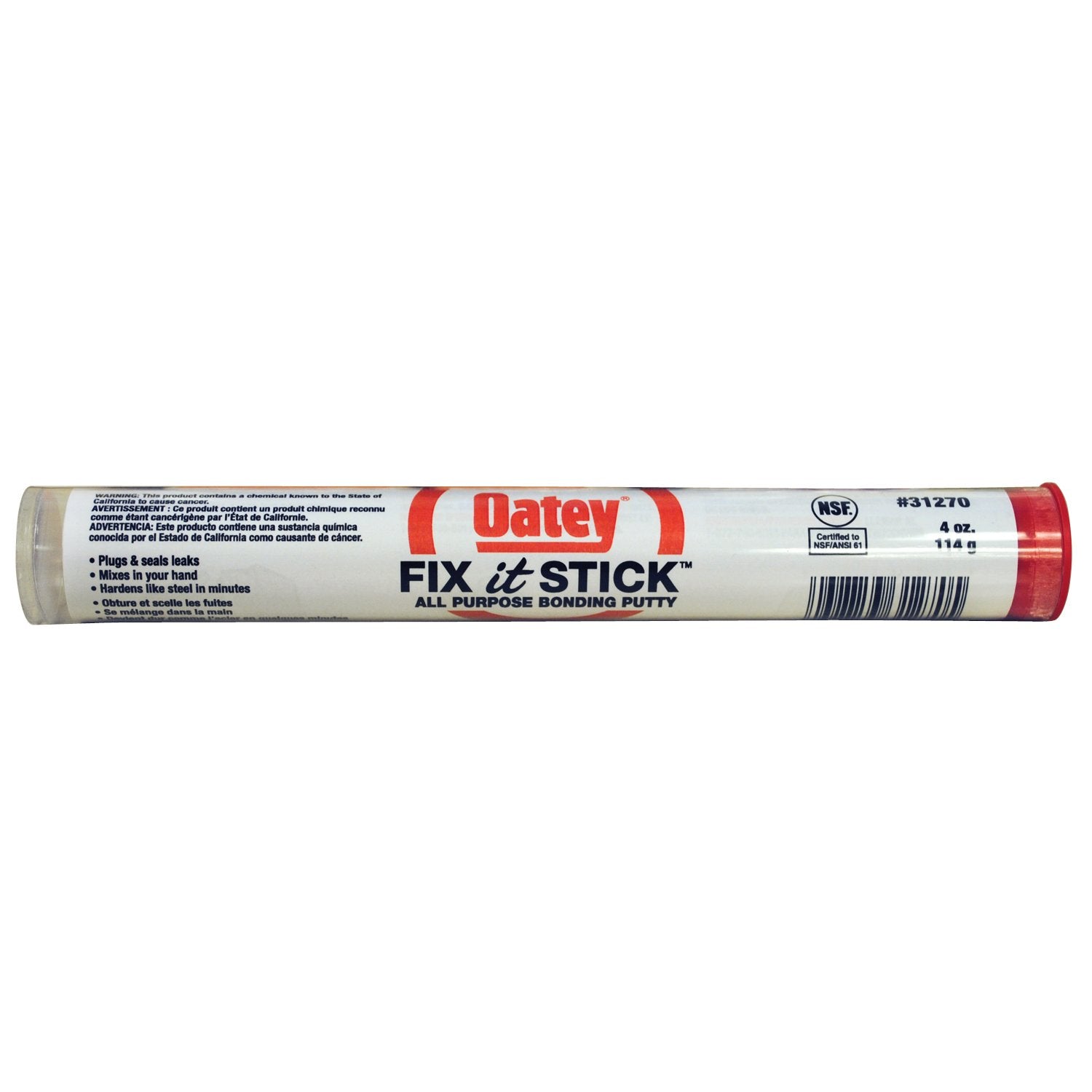 Gray epoxy repair putty tube labeled "Oatey Fix it Stick" with red and white packaging and product information.