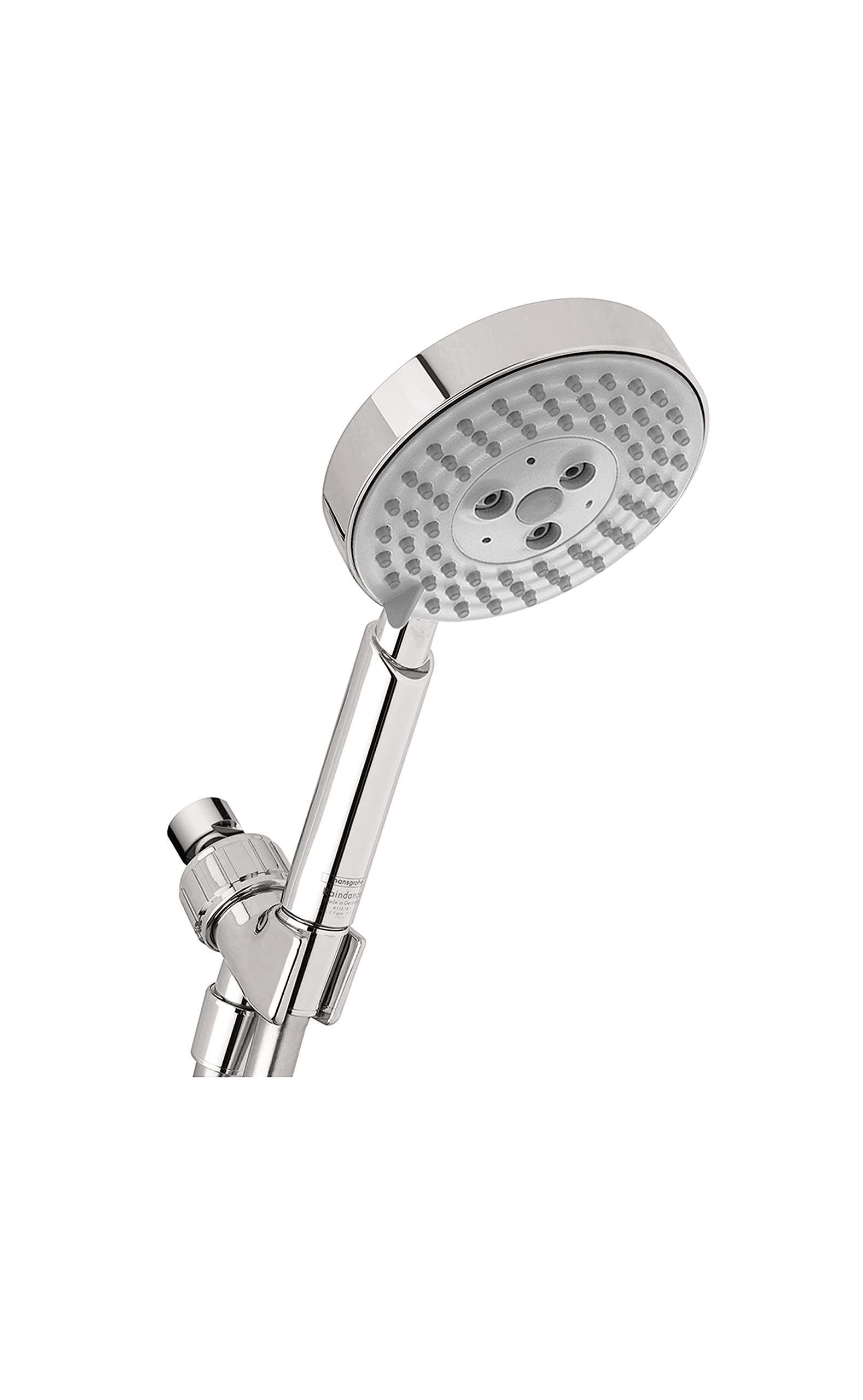 Chrome handshower with round perforated head and three jet nozzles on adjustable arm with bracket.