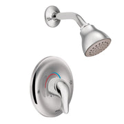 Chrome shower trim kit with single-handle valve, curved spout, and round showerhead with perforations.