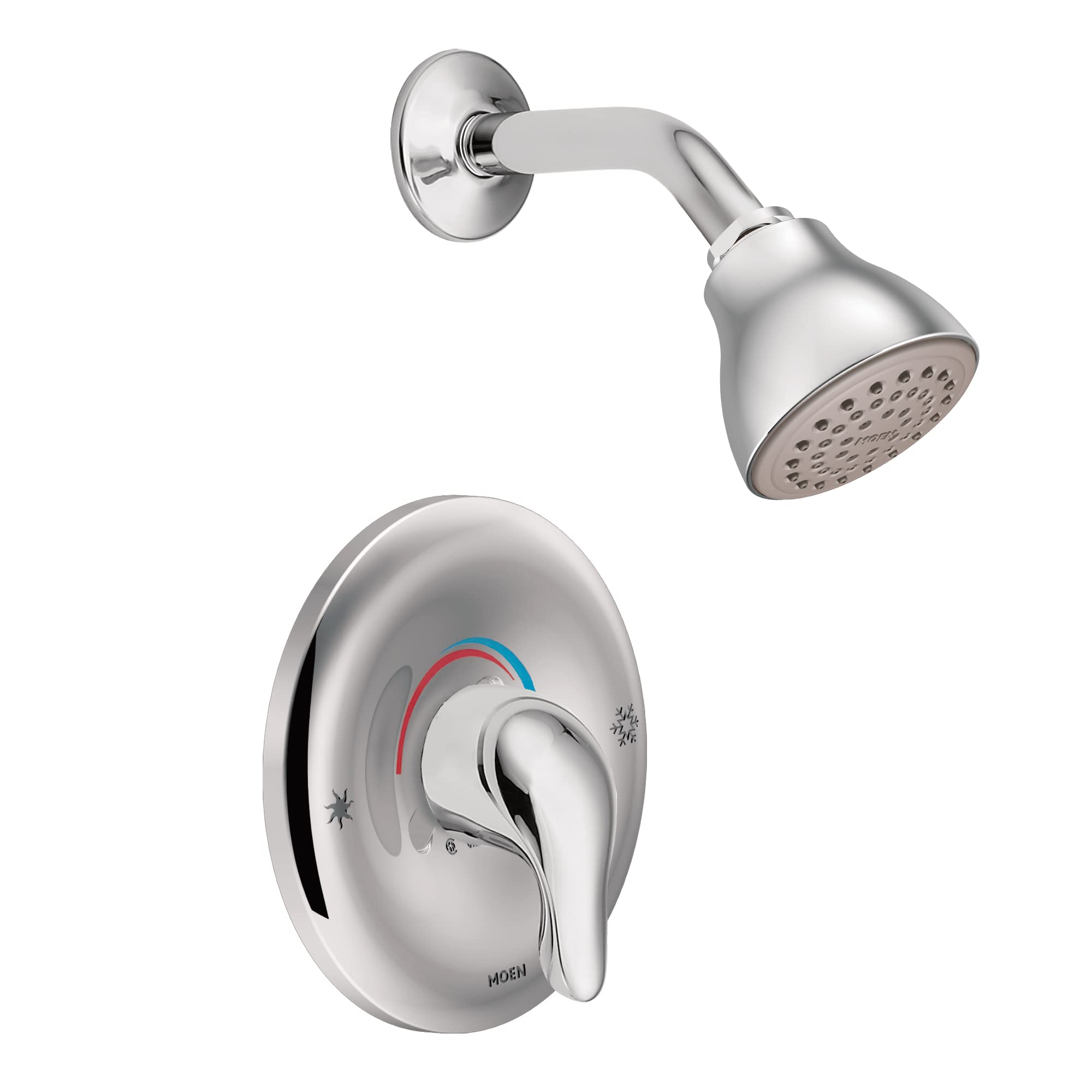 Chrome shower trim kit with single-handle valve, curved spout, and round showerhead with perforations.