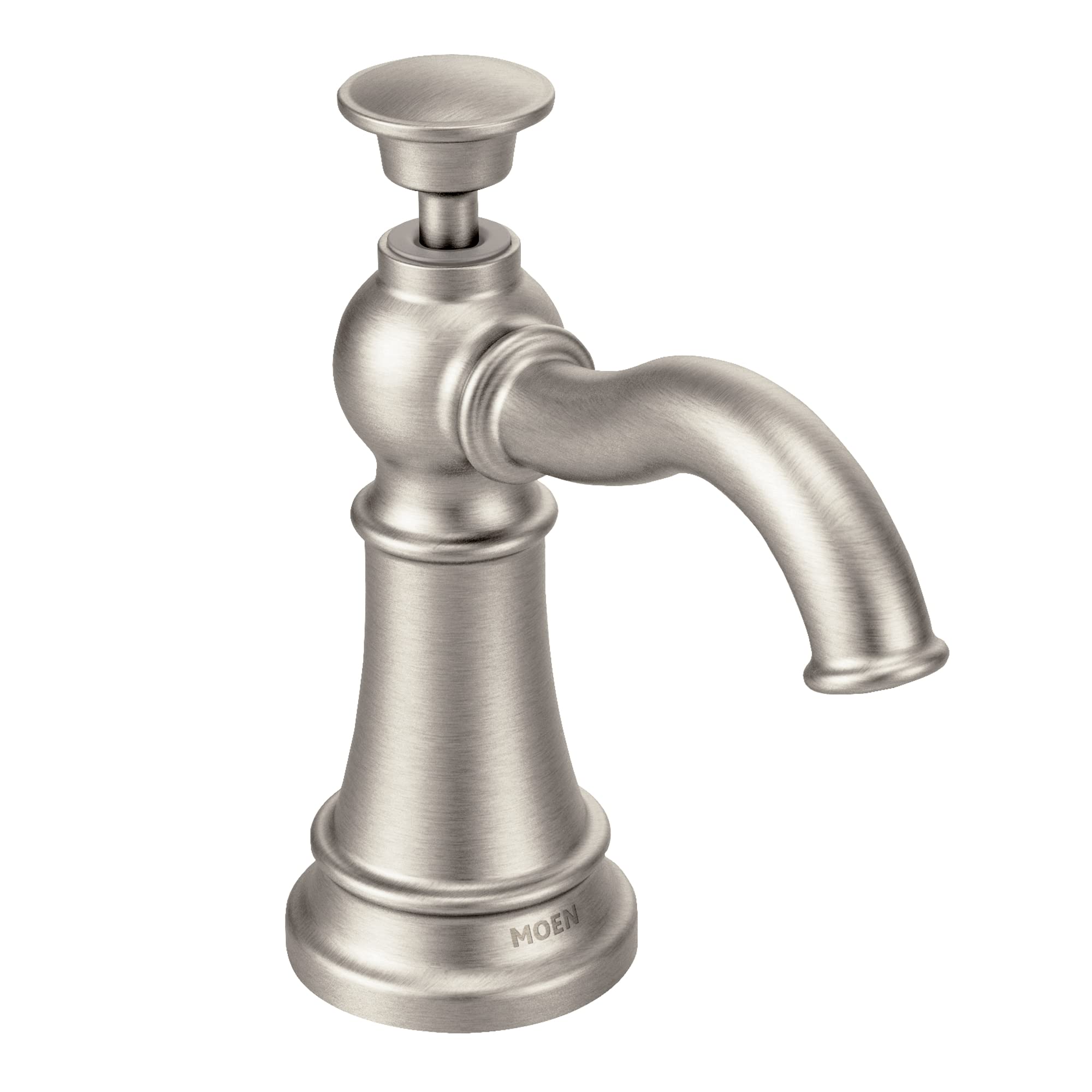 Brushed stainless steel deck-mounted kitchen soap dispenser with curved spout and refillable bottle compartment.
