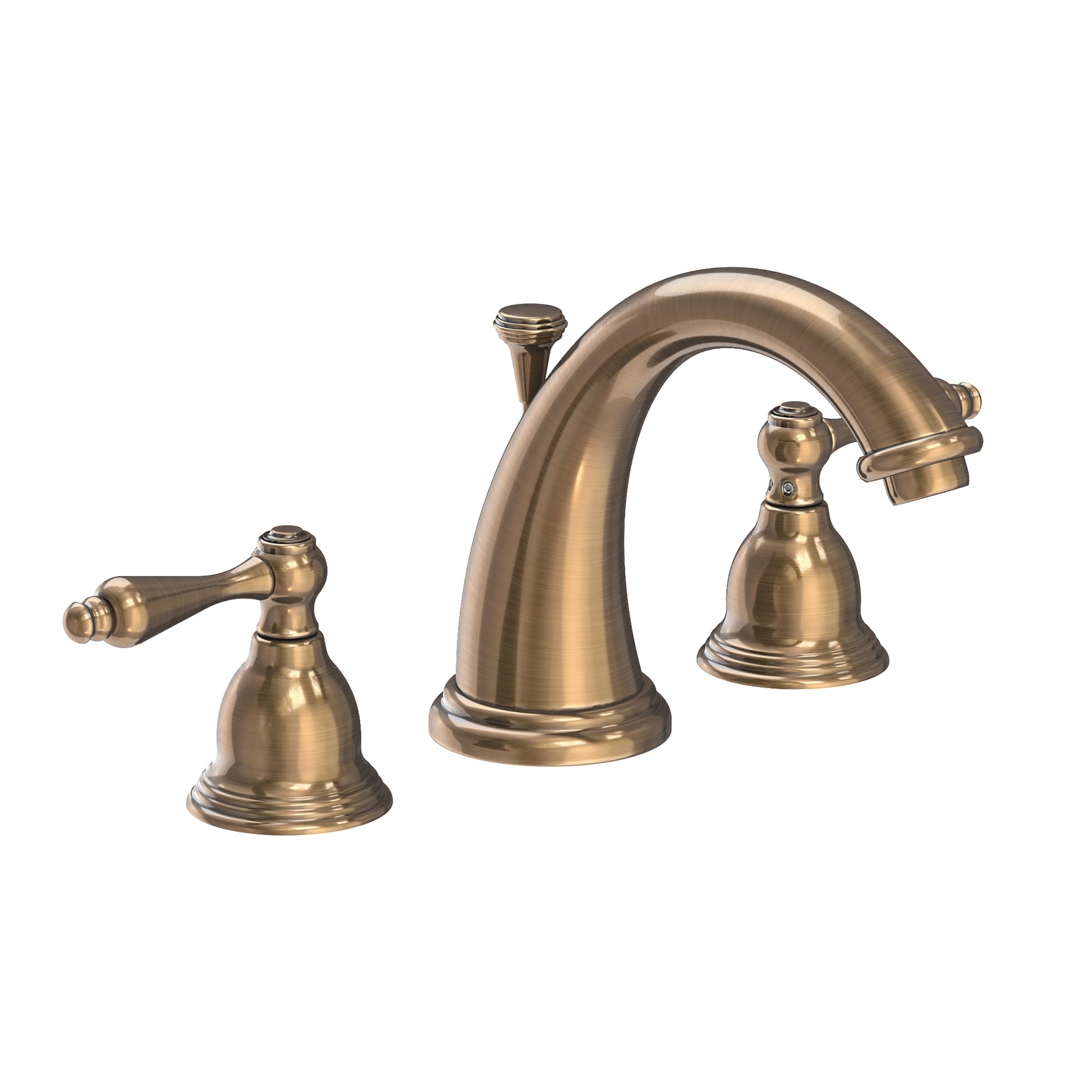 Antique brass widespread lavatory faucet with curved spout and lever handles on bell-shaped bases.