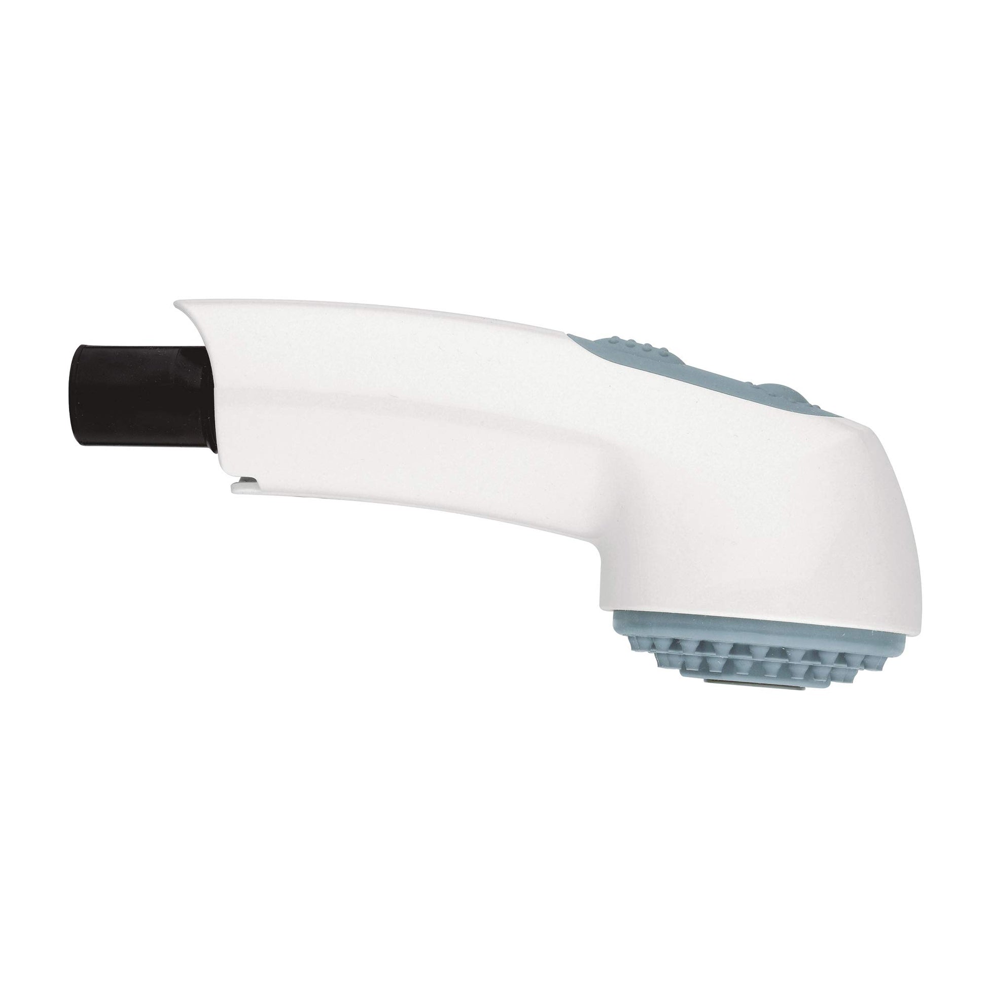 White pull-out spray head with black grip and blue perforated nozzle attachment.