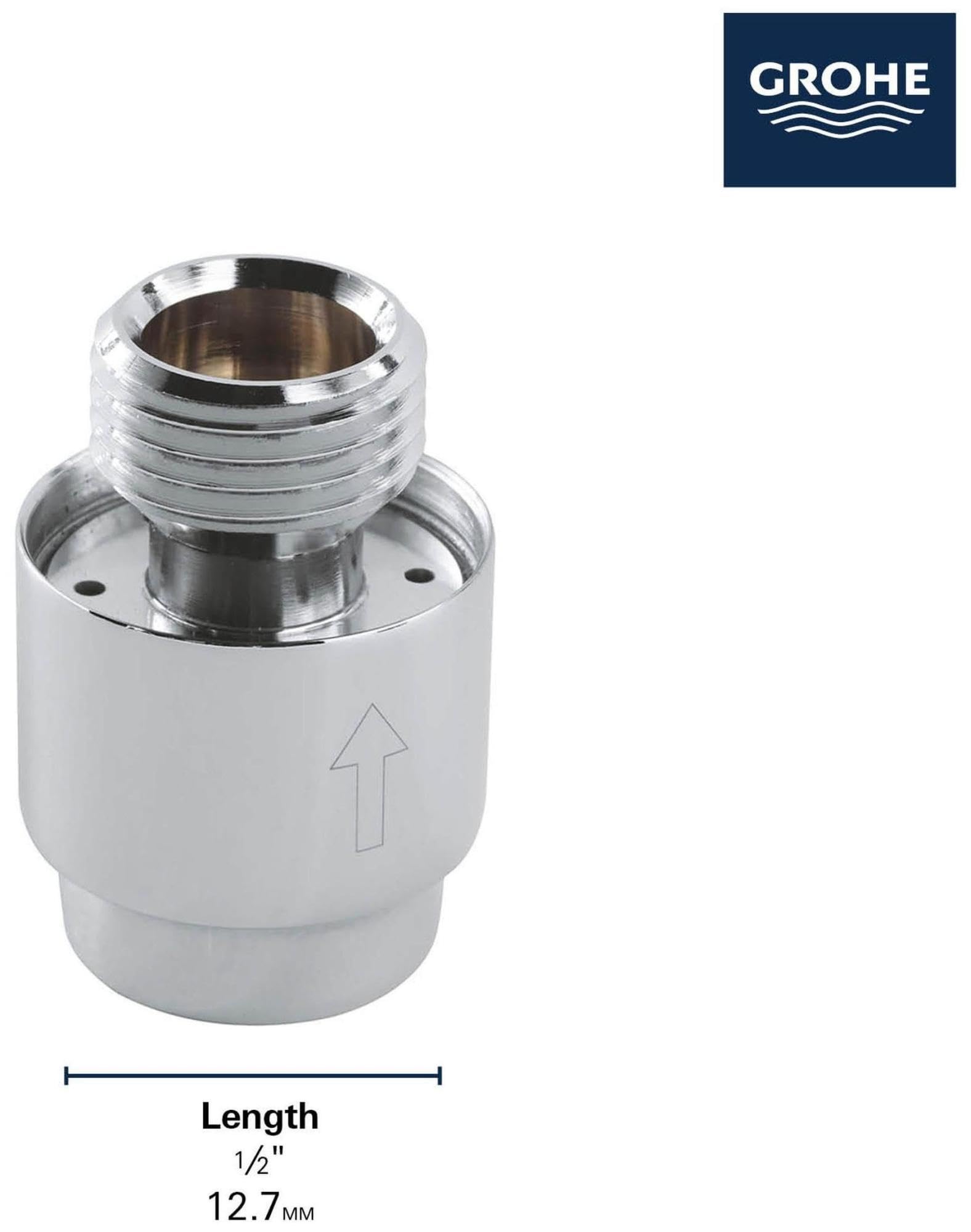 White and chrome 1/2" inline vacuum breaker with threaded male connector and directional arrow marking.