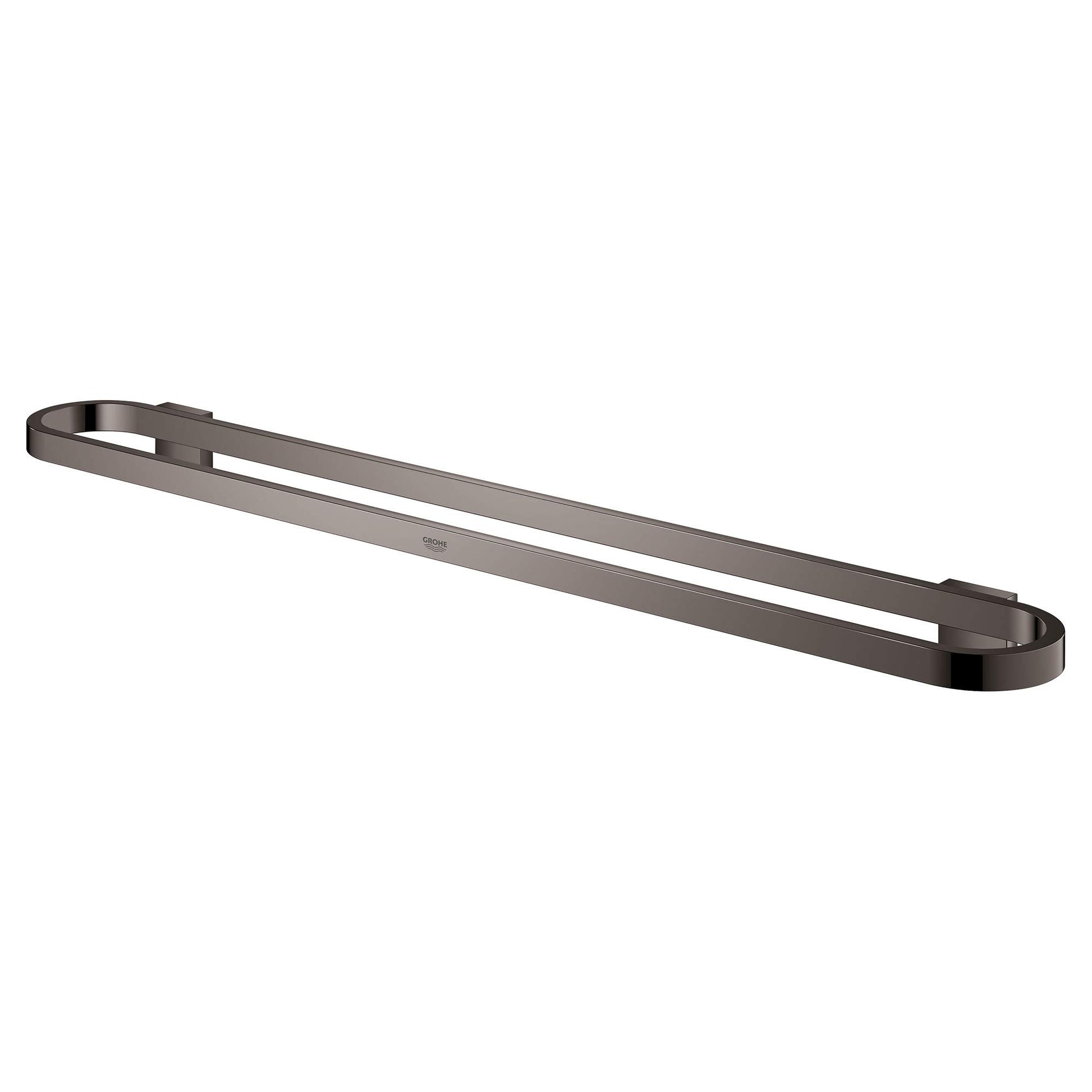 Dark gray horizontal towel bar with curved end caps and mounting brackets on white background.