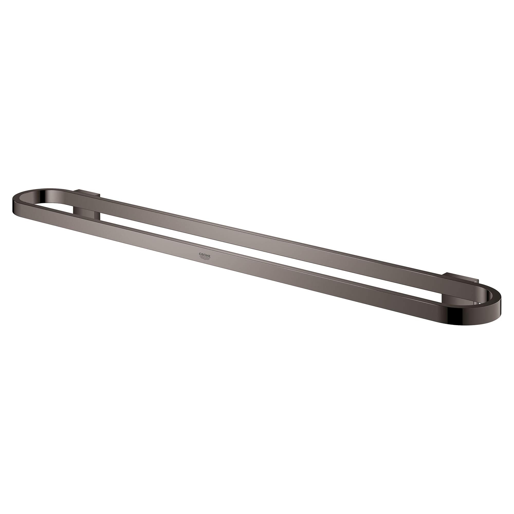 Dark gray horizontal towel bar with curved end caps and mounting brackets on white background.