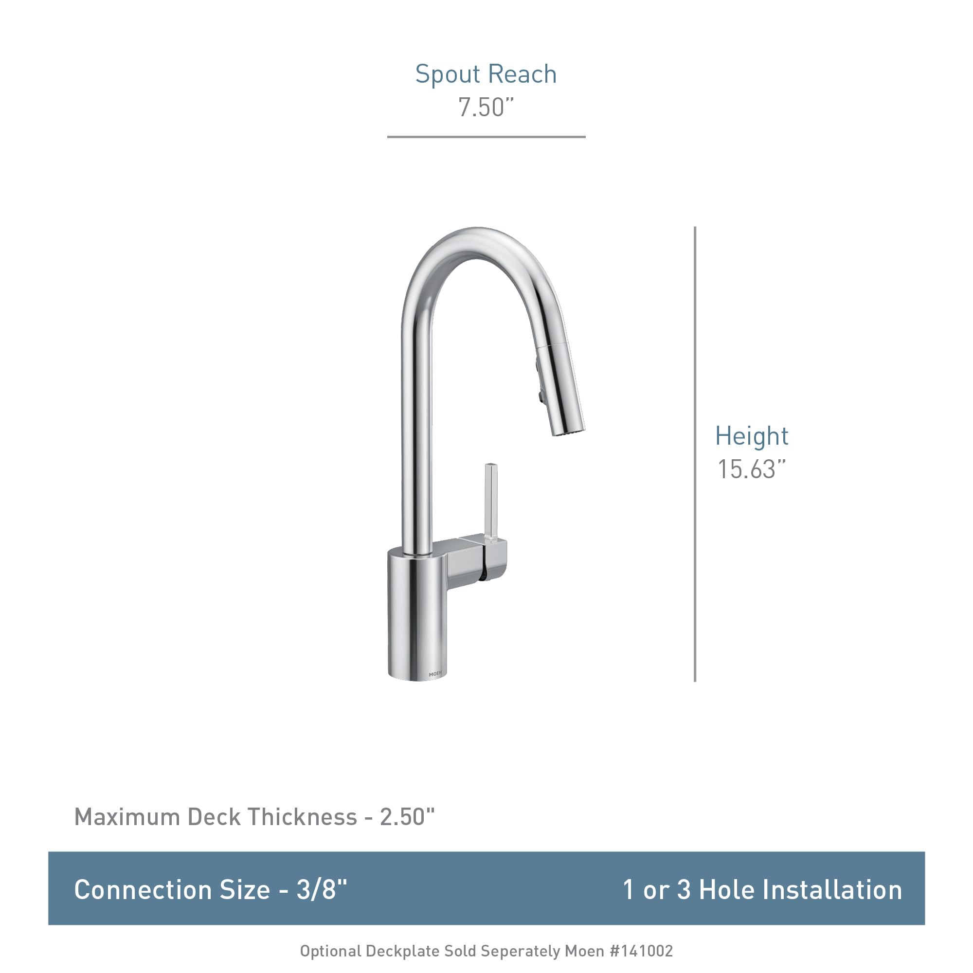 Brushed gold single-handle pulldown kitchen faucet with curved spout and specifications displayed.
